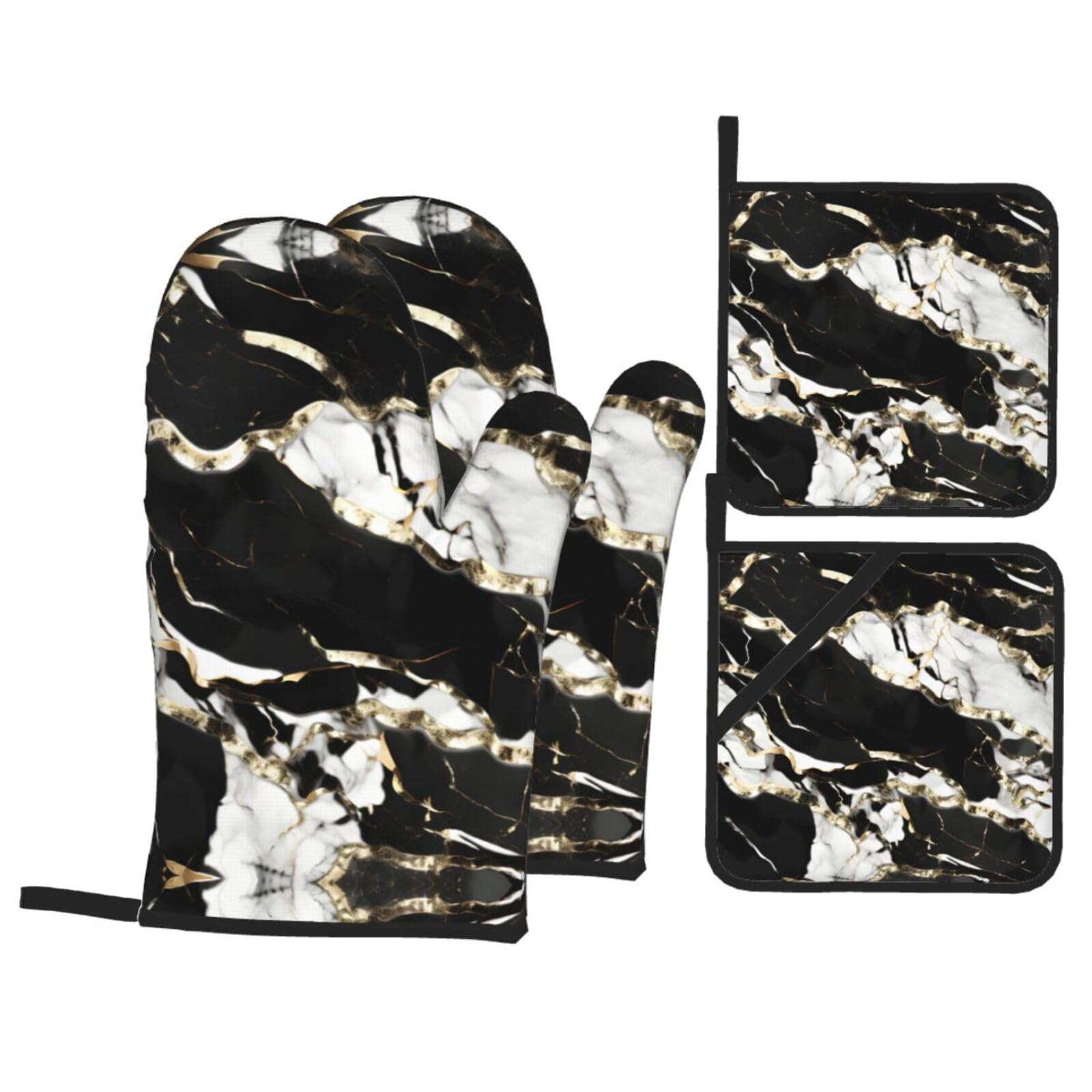 Black and White Marble Texture Print Oven Microwaving Waterproof Kitchen Gloves for Baking Grilling Holiday Cooking