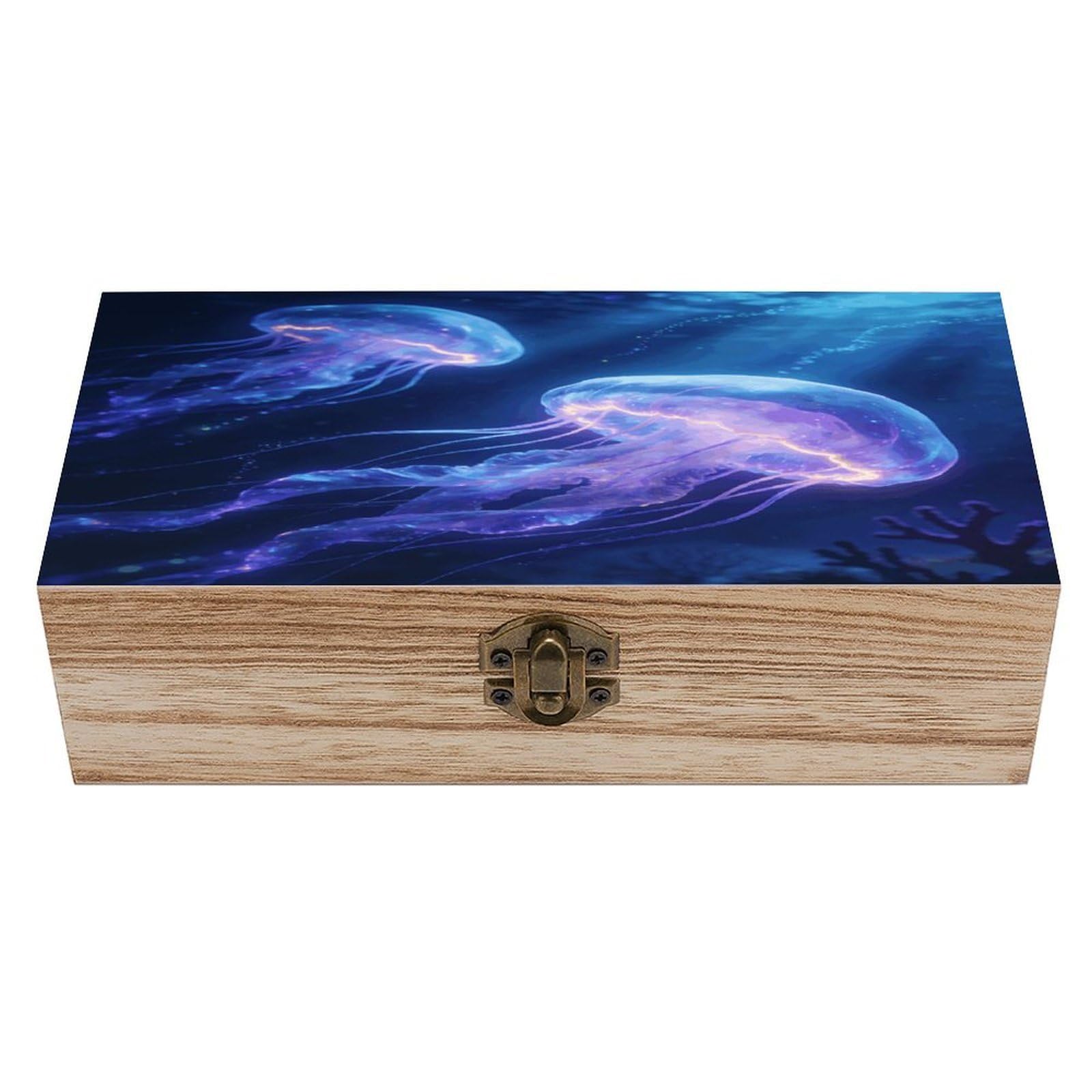 LZQPOEAS Jellyfish Wooden Keepsake Box Wooden Storage Box Container with Hinged Lid Beautiful Wood Memory Box Decorative Jewelry Case for Crafts Art Hobbies & Trinket Storage