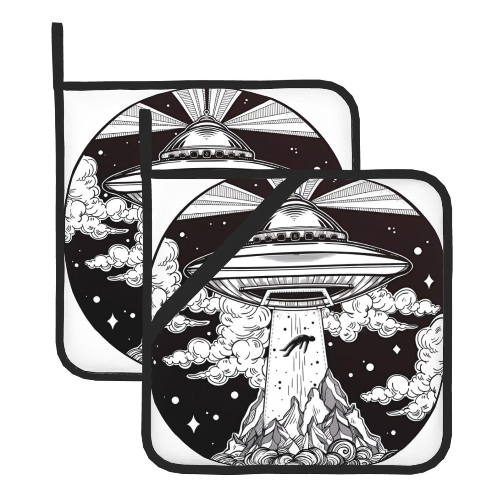 Hjfczh Black Spaceship Prints Square Hot Pads Set Of 2 - Waterproof Kitchen Covers For Pots & Pans, Heat Resistant Layers With Hanging Loop - Great For Oven & Bbq