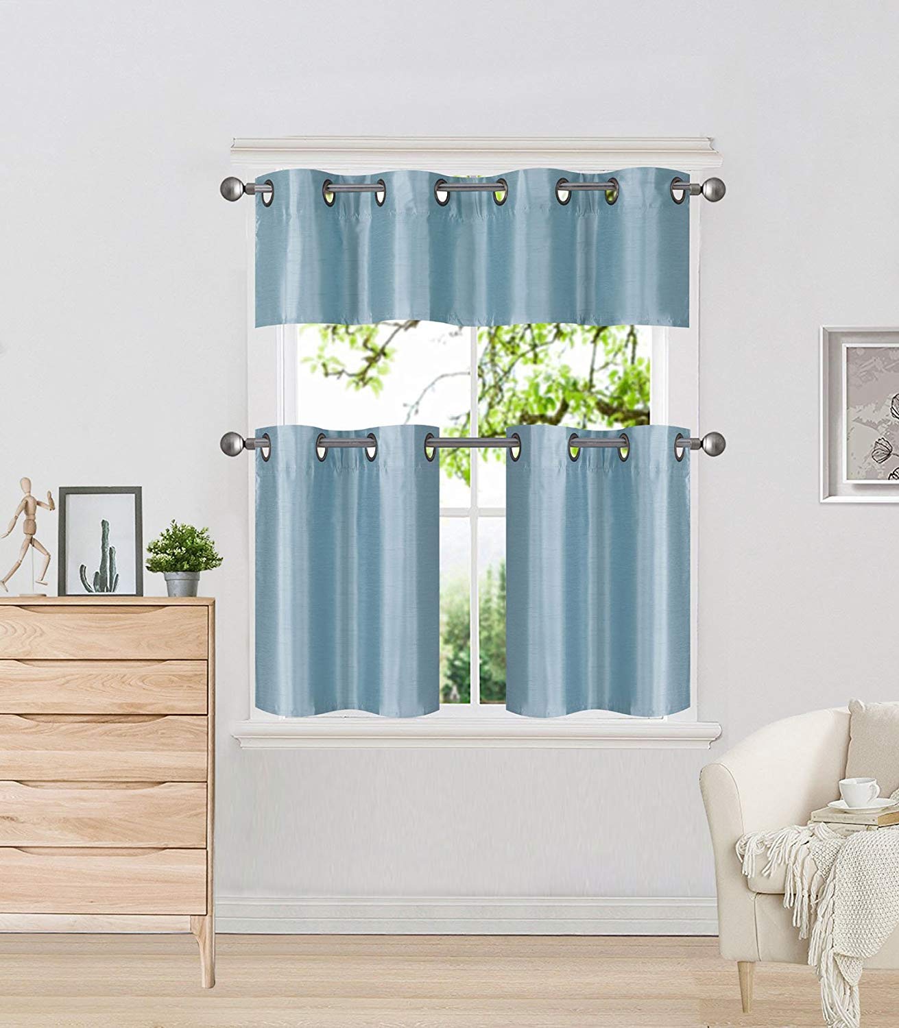 DiamondHome 3 Piece Faux Silk Grommet Lined Thermal Blackout Kitchen Window Curtain Set 2 Tiers & 1 Valance (Light Blue)