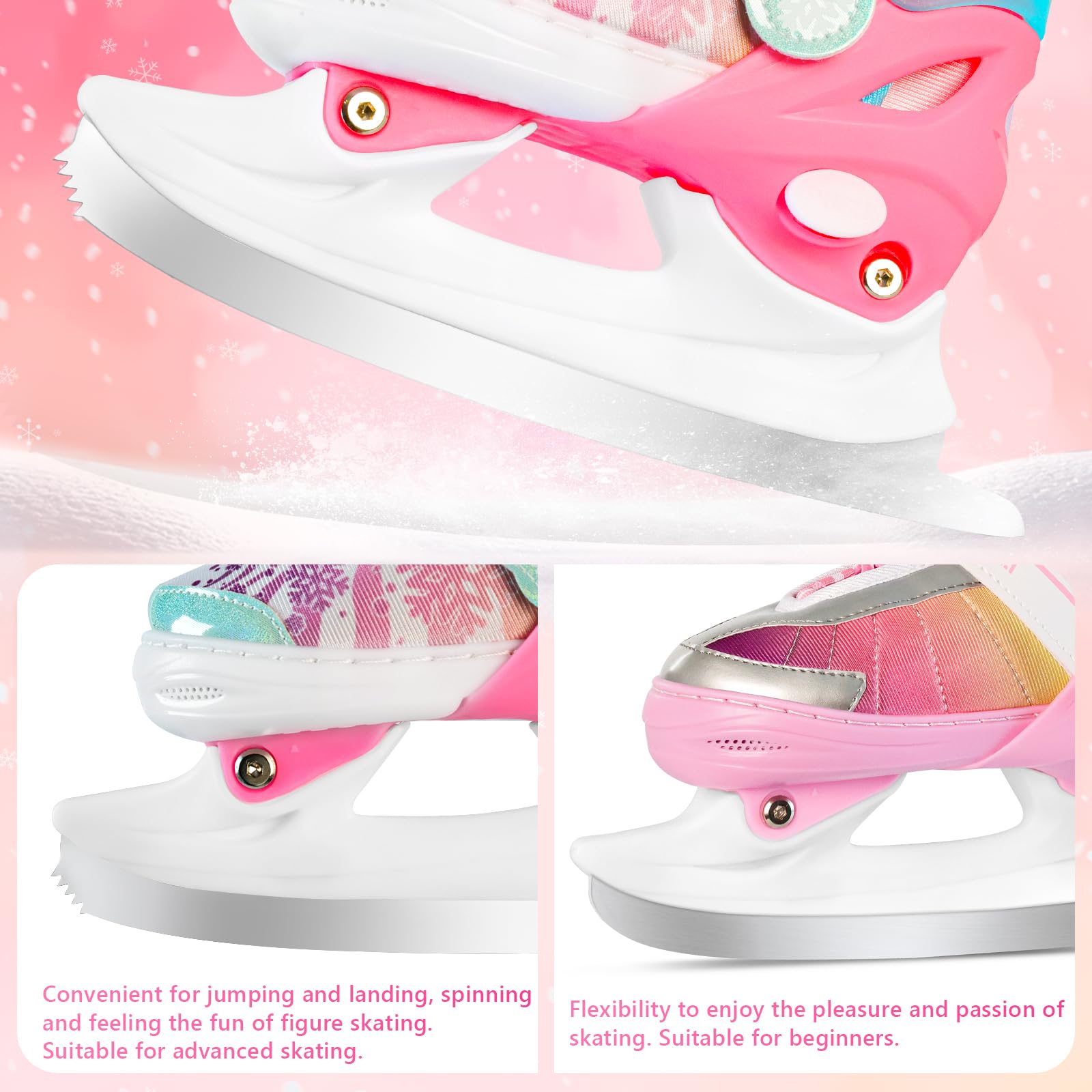 Patines de hielo ajustables para niños y niñas, forro polar cálido, 4 tamaños ajustables para principiantes, cuchillas de copo de nieve, soporte de tobillo, patines artísticos para exteriores