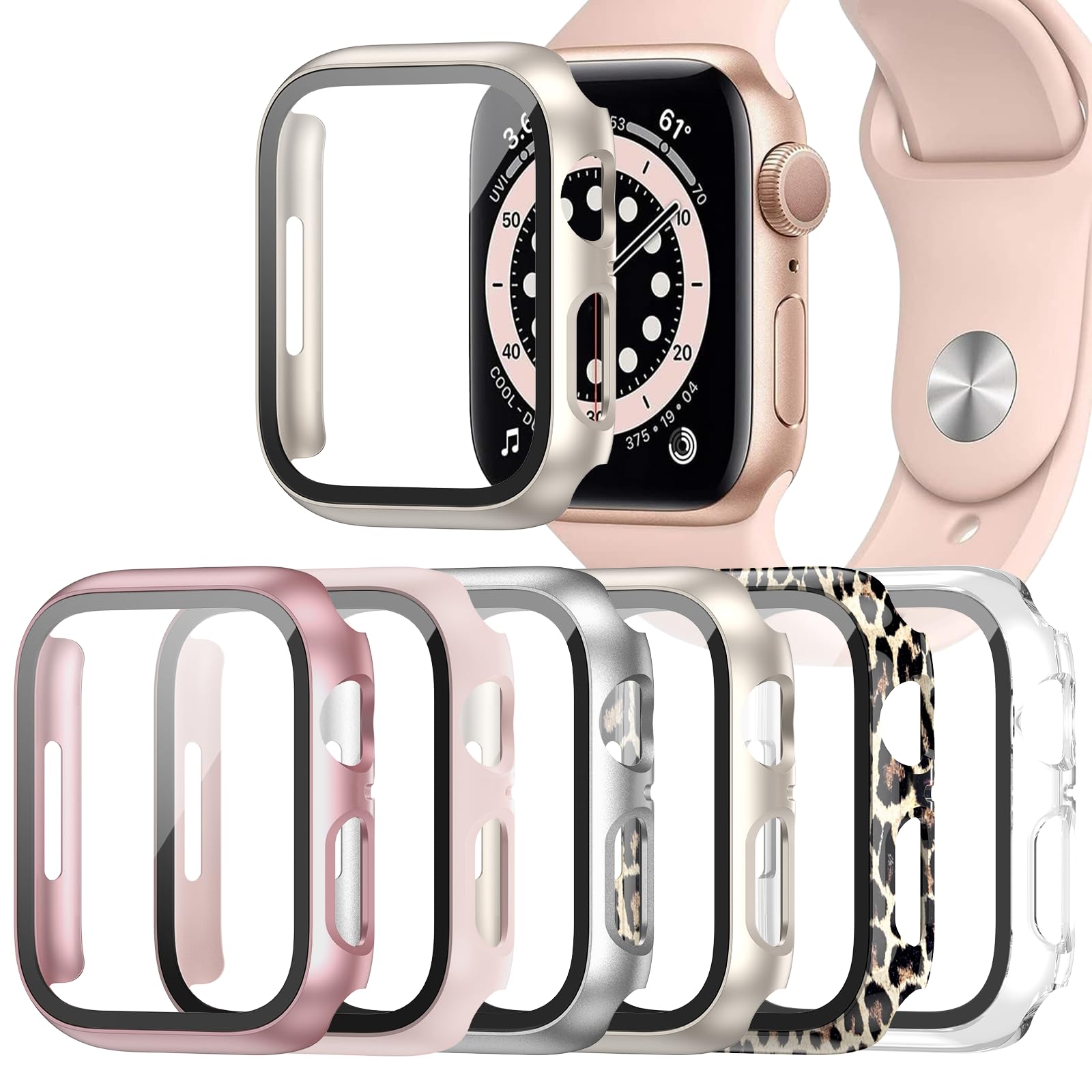 Paquete de 6 fundas para Apple Watch Series 8/7 de 1.61 pulgadas con vidrio templado, policarbonato duro HD cubierta completa protectora iwatch S8/7.