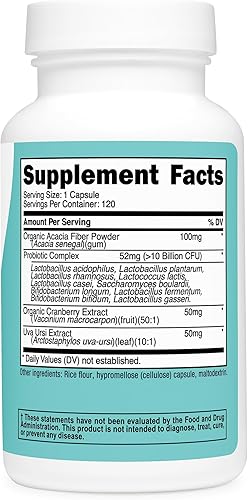 Miniatura 5 de Nutricost Probiótico para mujeres 10 mil millones de UFC, 120 cápsulas  Complejo con fibra de acacia, Uva Ursi y extracto de arándano, sin OMG y sin