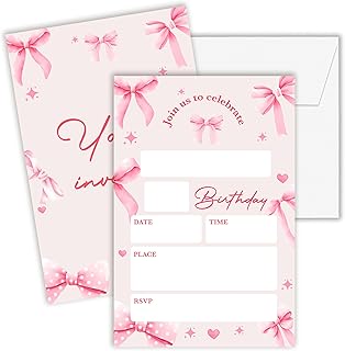 Birthday Invitations Girl, 20 Double-Sided Pink Bow Birthday Invites with Envelopes, Girls Bowknot Bday Party Decorations Supplies Favors - B06