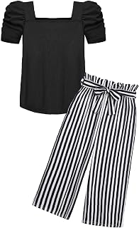 Arshiner Girls' T-Shirt with Trousers Set, Children's Fashion Clothing Sets, Bubble Sleeve Top with Printed Casual Trousers, Two-Piece Outfits for Girls 5-14 Years 9 - 10 years Black and white stripes