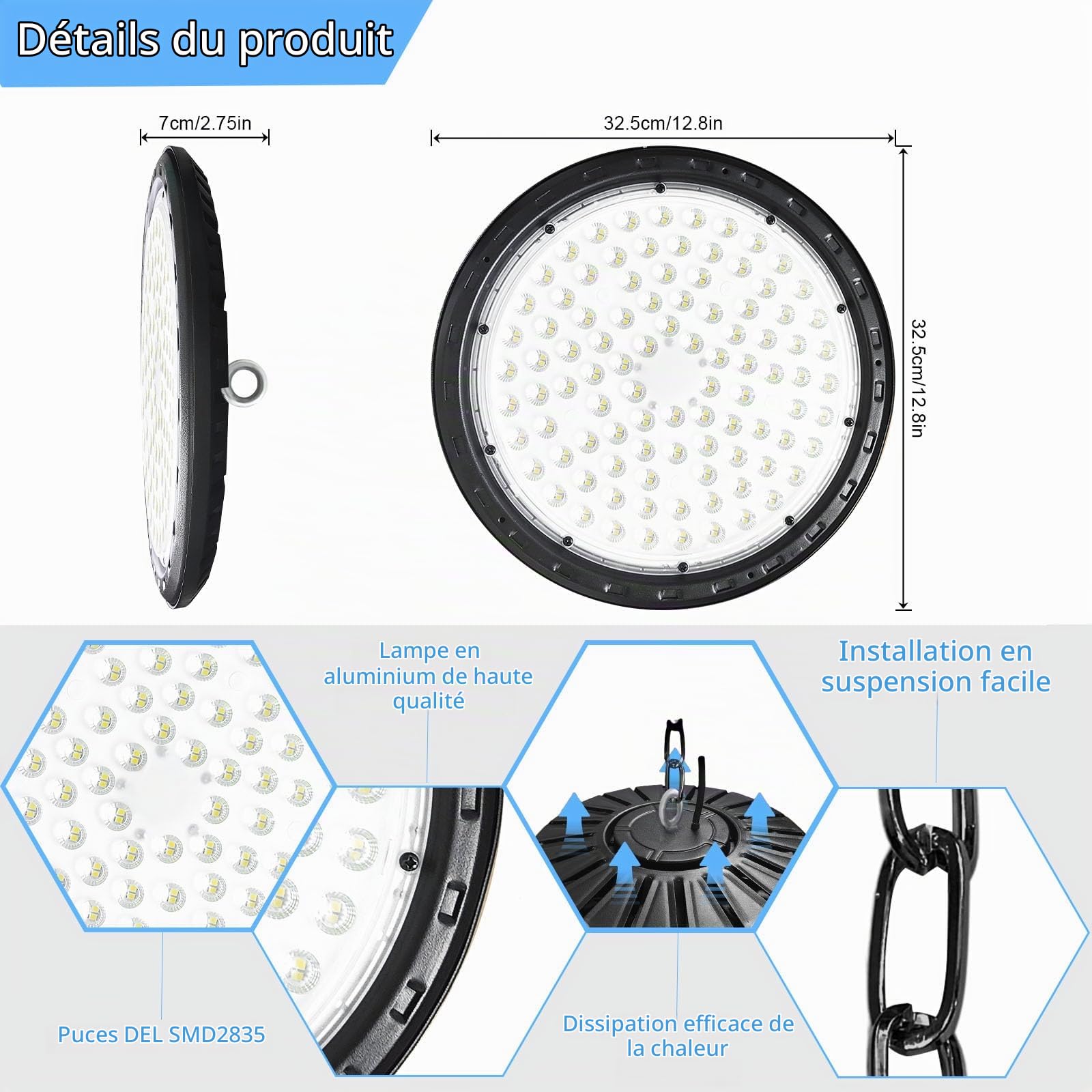 200W UFO High Bay Lumière, Lampe Eclairage Atelier, 20000LM Projecteur LED Industriel, 6500K Éclairage Garage IP66, pour Parking, Chantier, Entrepôt, Usine, Cour