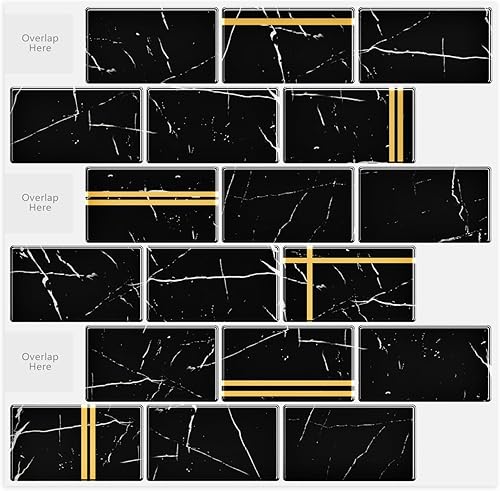 Wallercity Calcomanías autoadhesivas 3D de mármol brillante negrodorado, para cocina, baño, balcón, azulejos de metro, azulejos de pared de