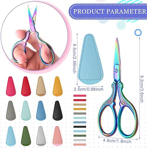 Vista 4 de Therwen 12 tijeras de bordado de 3.6 pulgadas con cubierta de cuero artificial, tijeras de costura, acero inoxidable, artesanías vintage