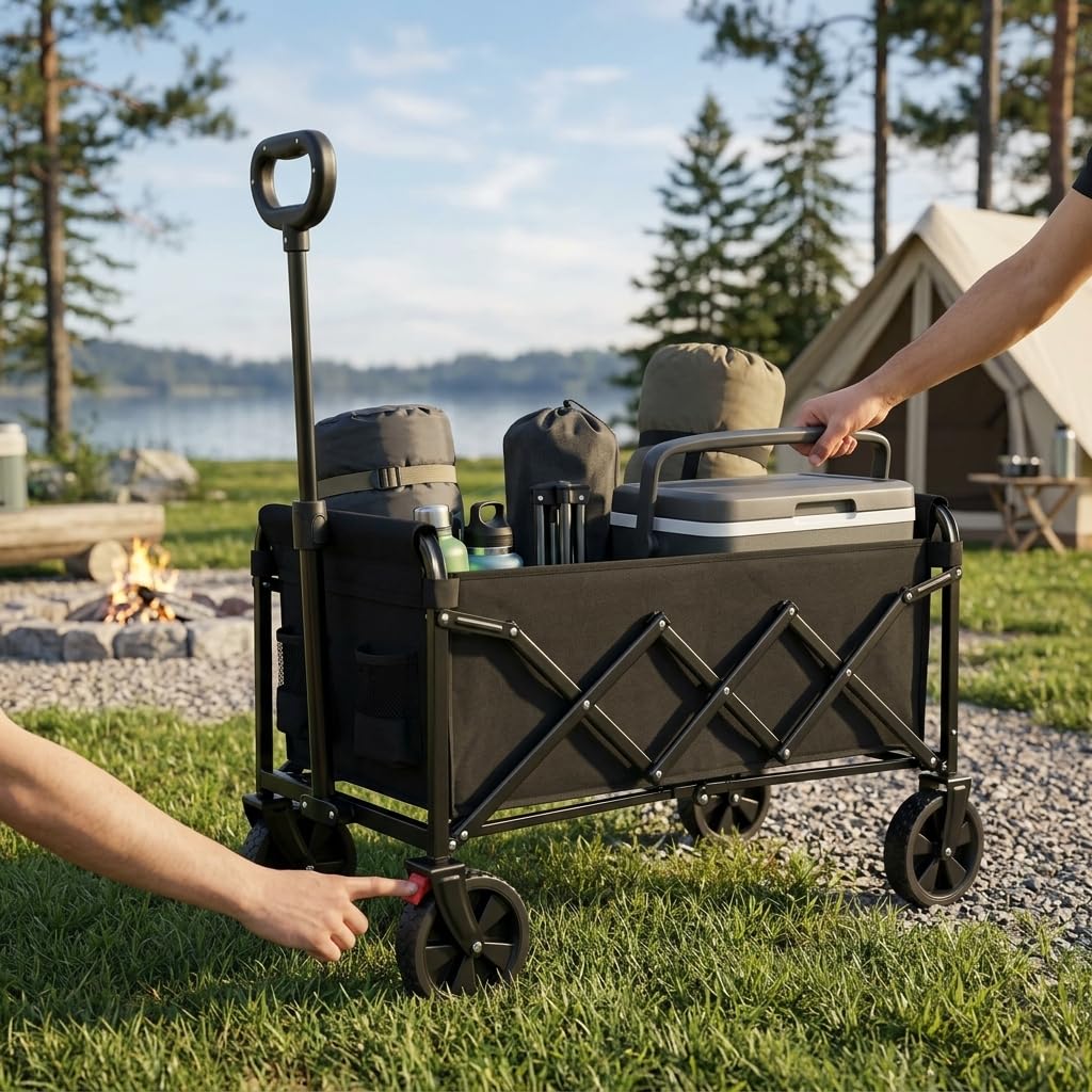 Faltbarer Bollerwagen mit Rädern Leichter Tragbarer Handwagen aus Stahl für Garten Camping Einkaufen Sport Strand Outdoor Transportwagen mit Großer Kapazität und Abnehmbarem Design Schwarz