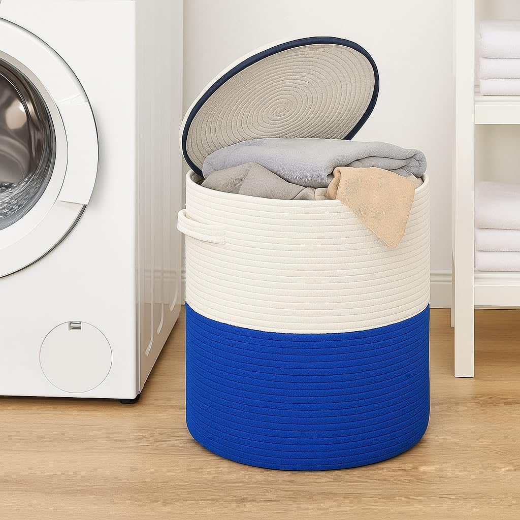 Cotton rope Storage Basket with Lid-Durable Woven Organizer with handles, Woven baskets, Multi-Purpose Storage Basket for Living Room,Closet or office(14x13 inches) (Blue+White)