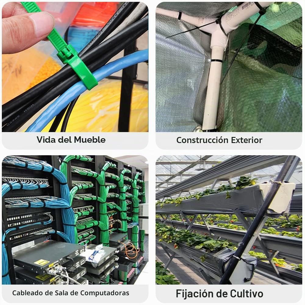 Bridas Plástico 200mm x 4.8mm, Bridas Reutilizables, Bridas de Colores Verdes Blancas Negras Amarillas Rojas, 100 unidades