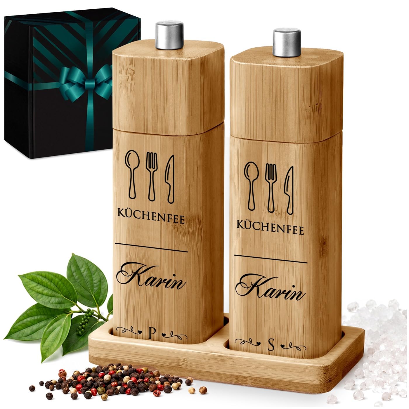 Maverton Bambus Salz und Pfeffermühle mit Aufdruck - Geburtstagsgeschenk für Frauen - personalisierte Geschenke für Frauen - mit Bambusständer und Keramikmahlwerk