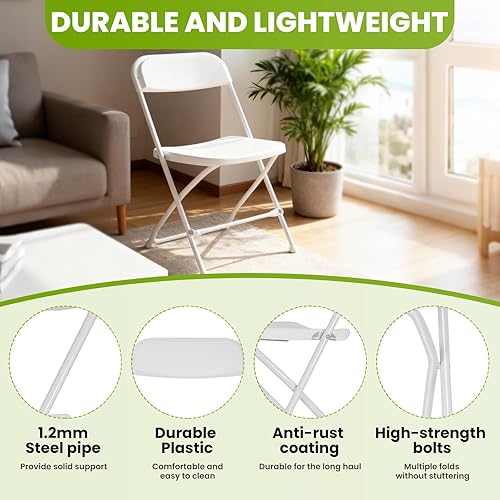 Miniatura 4 de White Folding Chair, Portable Plastic Folding Chairs for Indoor Outdoor, Stackable Commercial Seat with Steel Frame 350lb.Capacity for Party Events
