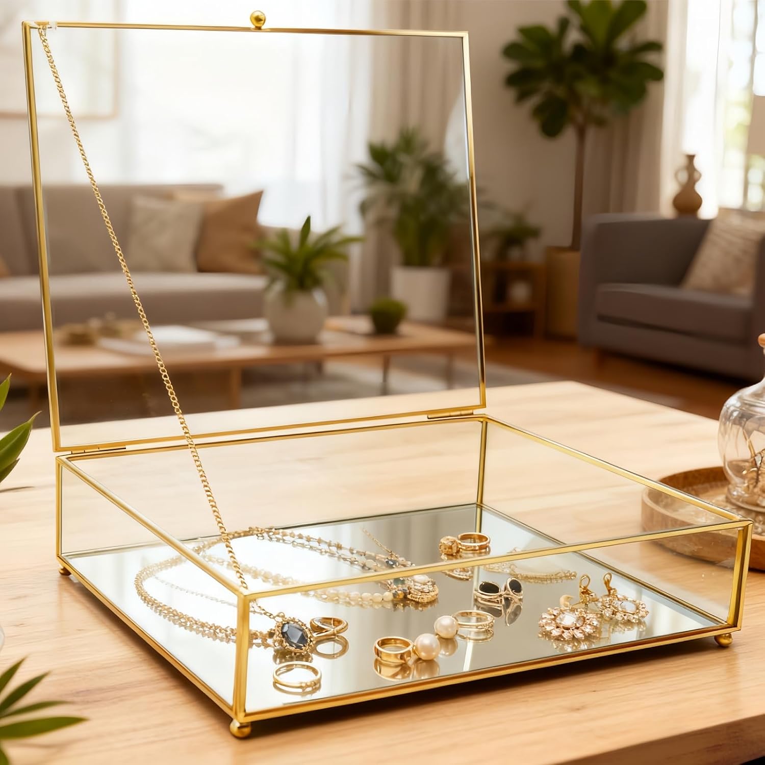 Tlence Vintage Glass Box with Lid, Brass Jewelry Display Case, Gold Memory Box with Mirrored Bottom, Clear Rectangle Storage Organizer for Rings Bracelet Trinket Perfume Cards Gift, 10.3x8.5x2.6