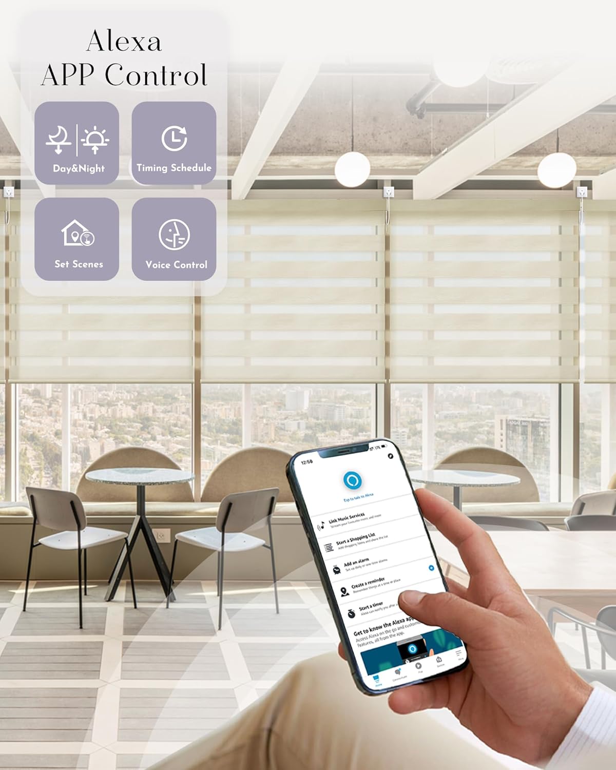 Graywind Smart Zebra Blinds for Windows Compatible with Alexa Google Fire Retardant Hardwired Motorized Zebra Shades for Offices Businesses, Custom Size (Twill Beige)