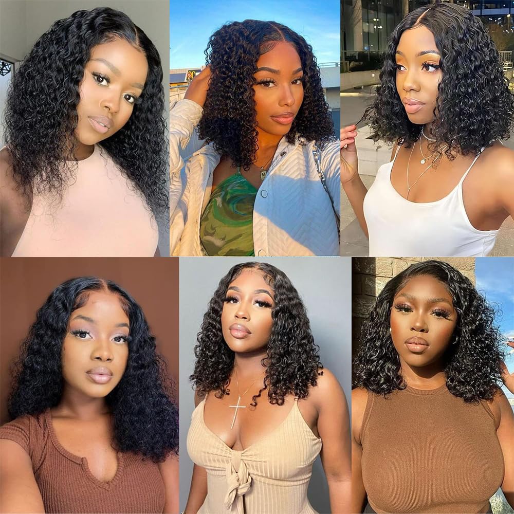Short Curly Bob Wig Human Hair Deep Wave Bob Wig Lace Front Wigs Human Hair 13x4 Transparent Lace Frontal Wigs for Black Women Glueless Wet and Wavy Lace Front Wigs Human Hair Pre Plucked 14inch