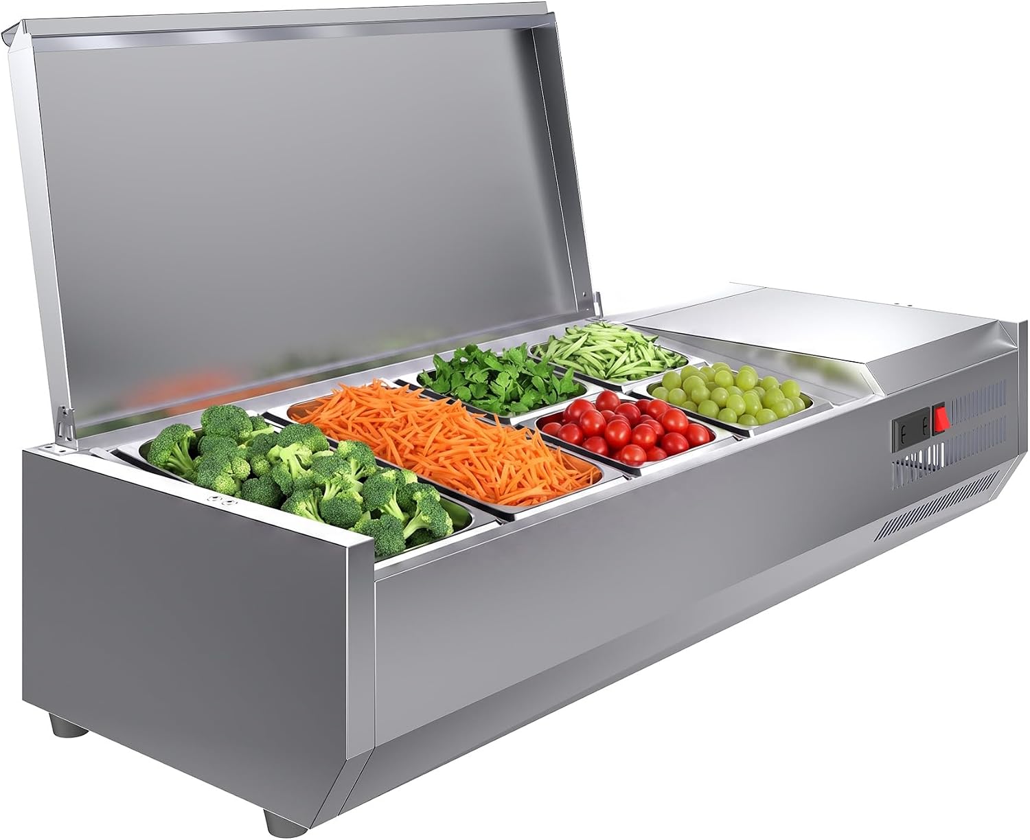 Garvee Prep Station, 130 W Countertop Refrigerated Preparation Table, with One 1/3 Pan and Four 1/6 Pans, 304 Stainless Steel Body and PC Lid, Digital Thermostat, for Salad Pizza Topping, Restaurant