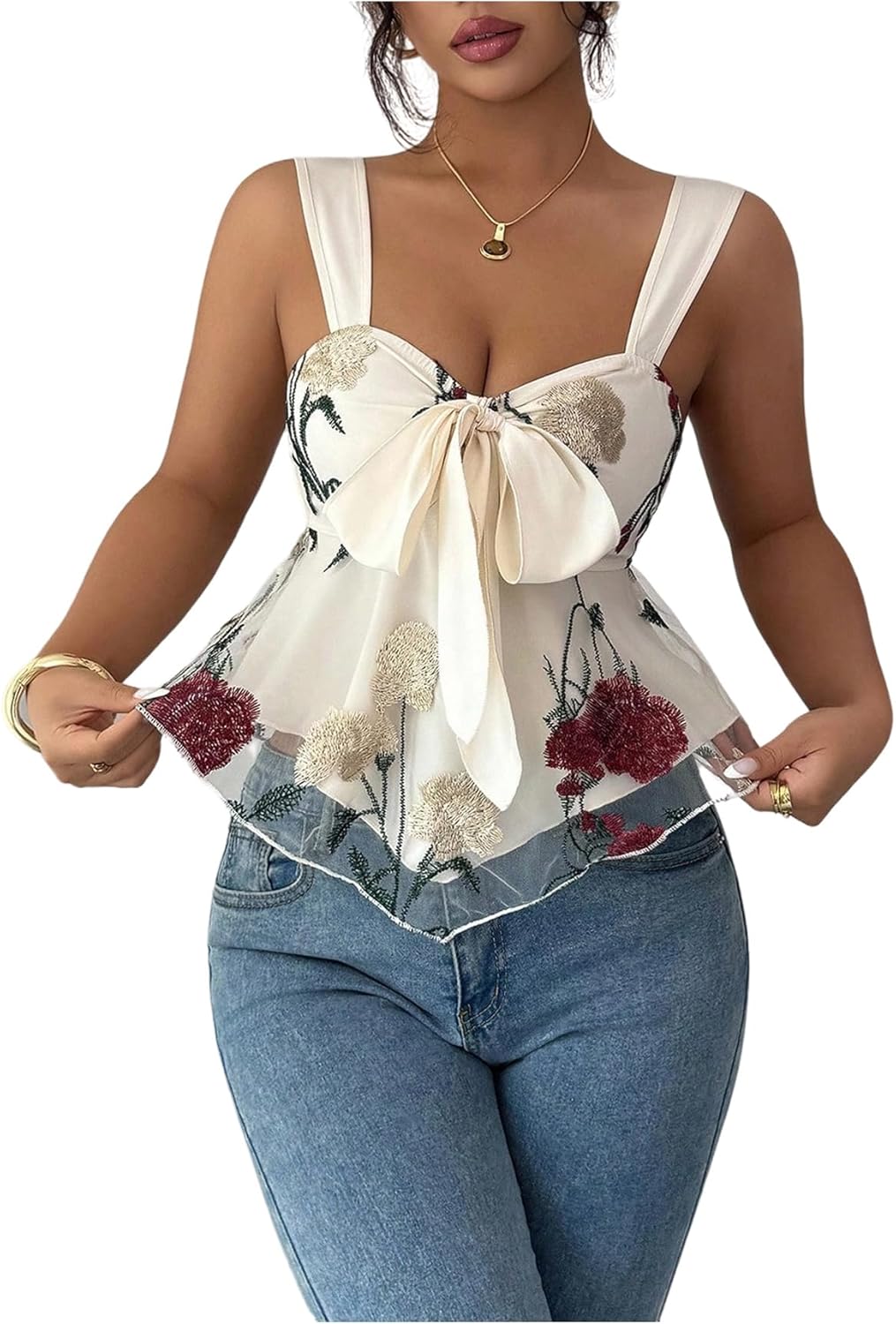 SHENHE Women's Dressy Peplum Tank Floral Embroidered Sweetheart Neck Tie Bow Ruffle Smocked Top