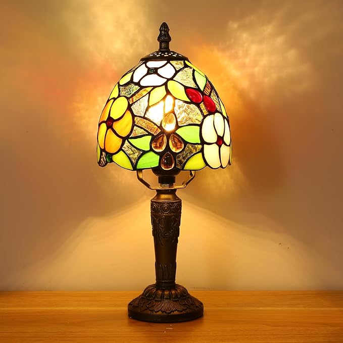 tuomoxte Tiffany Style Small Table Lamp,Green Beads Stained Glass 3 Color Temperature Antique Table Lamps,Bedside Nightstand Lamp for Bedroom,Living Room,Home Office, Include LED Bulb,6X6X12.5Inch photo 2