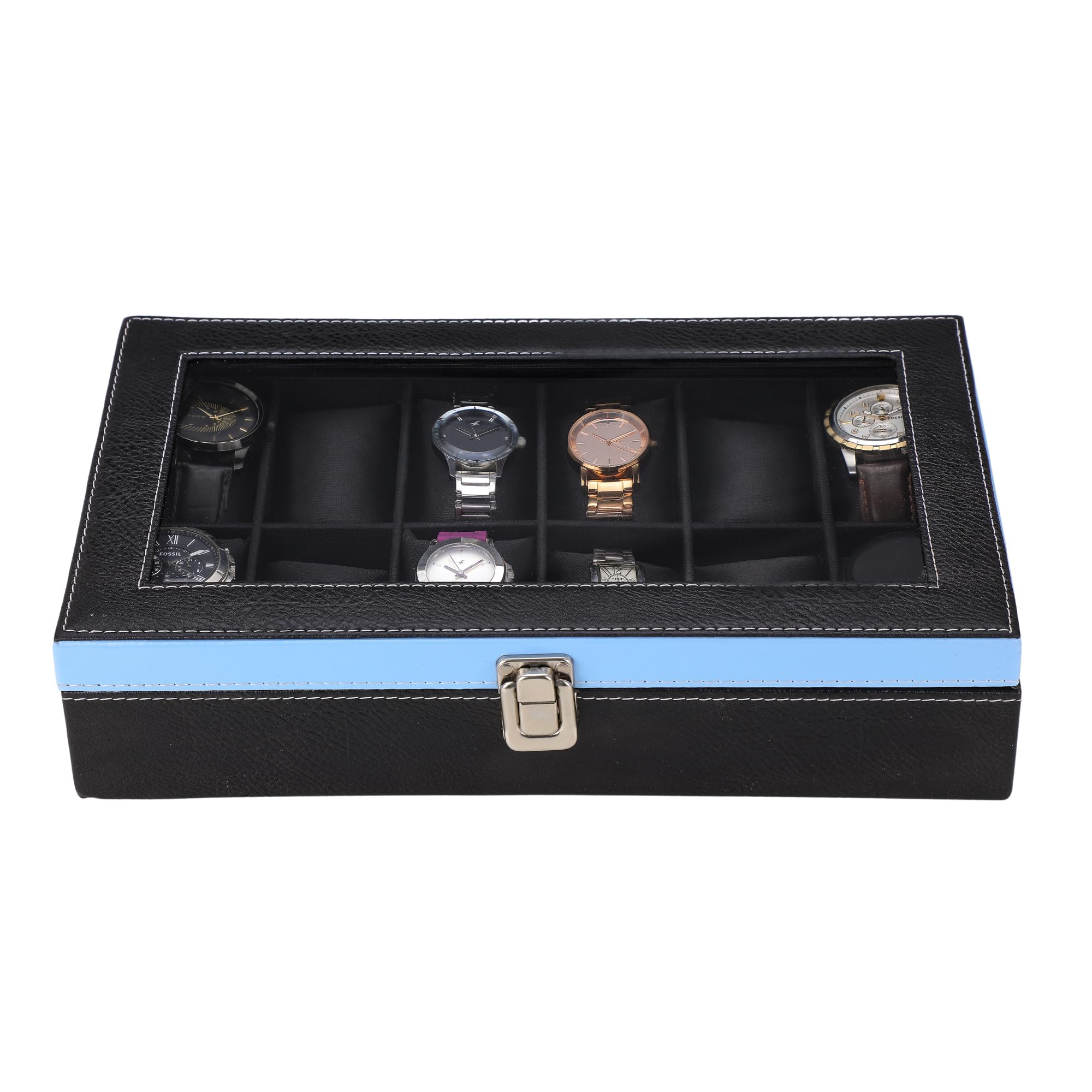 ZenWood Unisex 12 Slots Watch Box Organizer PU Leather Watches Display Case Storage Boxes with Crystal Glass Lid - Outside Color - Black/Inside Color- Black Velvet (B0B1VVB9WJ) Amazon Price History, Amazon Price Tracker