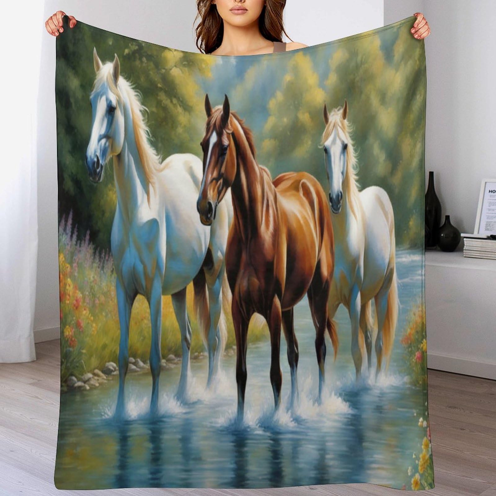 Couverture polaire douce motif cheval, flanelle chaude et moelleuse pour canapé