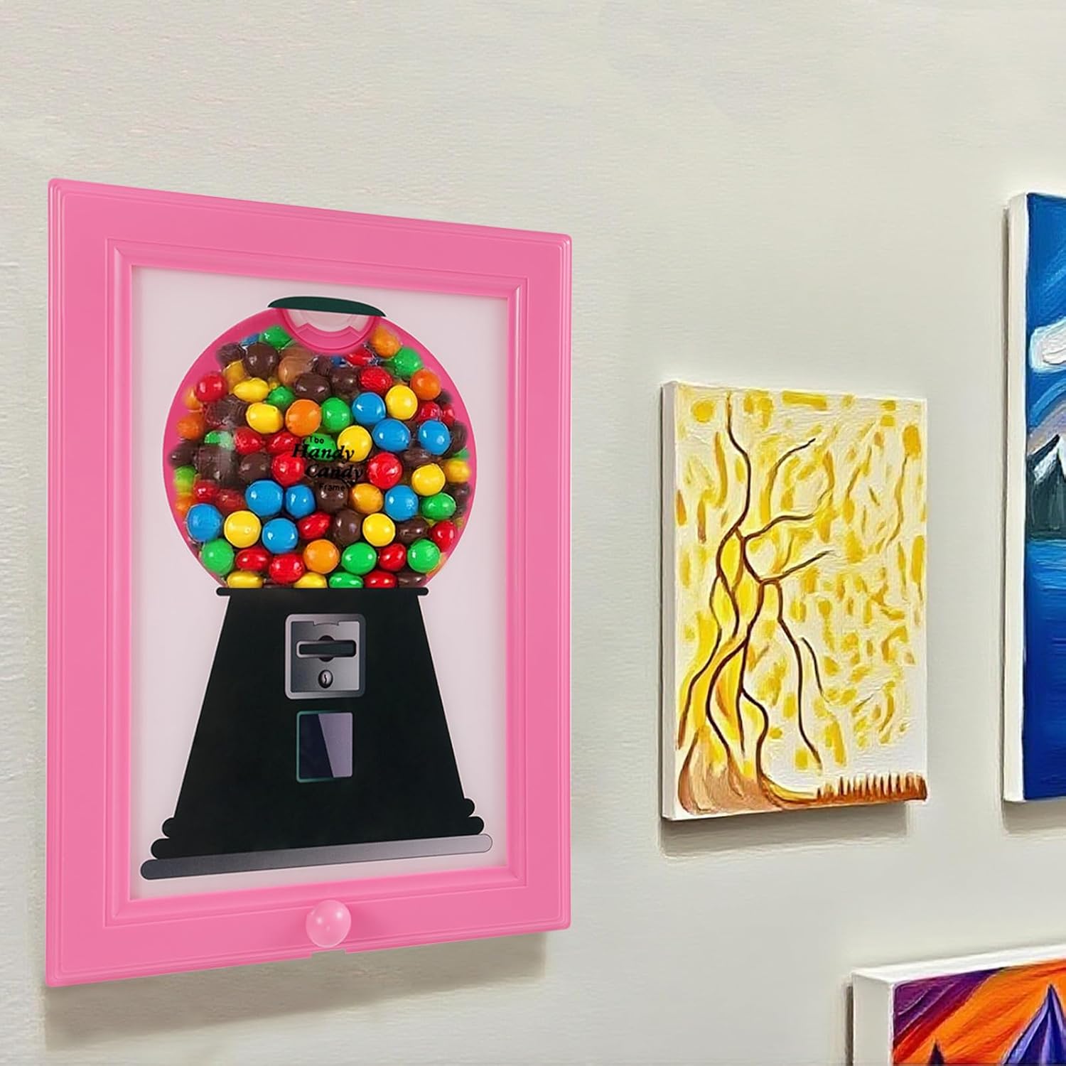 Candy Dispenser Picture Frame, Wall Mount Gumball Machine Creative Handy Candy Dispenser for Desk Countertop Adults & Children Room Sweet Display (Pink)