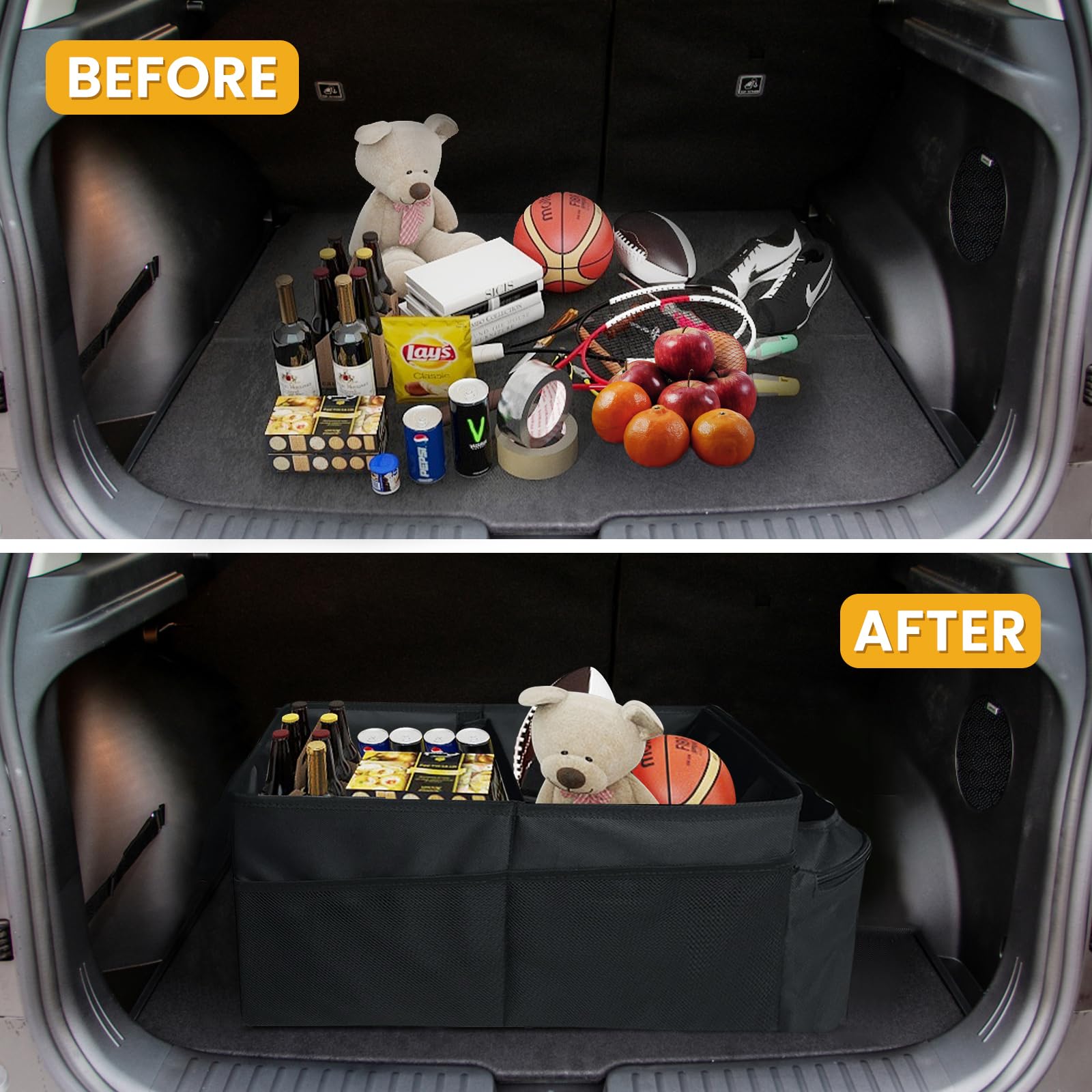 BYZESTY Organisateur de Coffre avec Porte-Gobelet - Rangement Voiture Pliable, Multi-Compartiments pour Siège Passager et Interieur