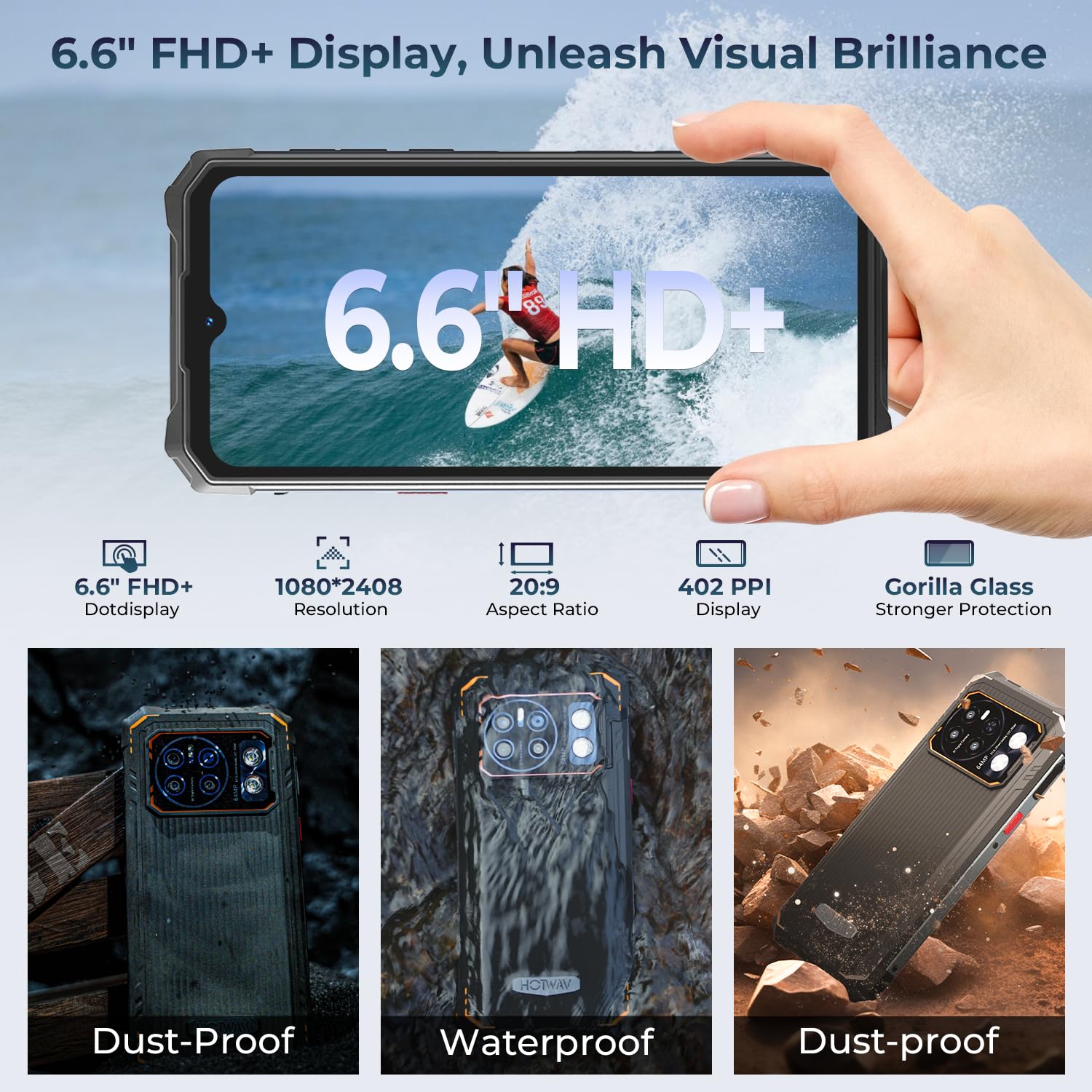 HOTWAV Cyber 13 Pro Rugged Smartphone 2023, 6,6'' FHD+,20GB+256GB/ 2TB 10800mAh 150LM Flashlight Android 13,64MP+16MP Octa-Core IP68IP69K 4G Dual SIM Rugged Phone NFC/OTG/GPS/Telecomando a Infrarossi