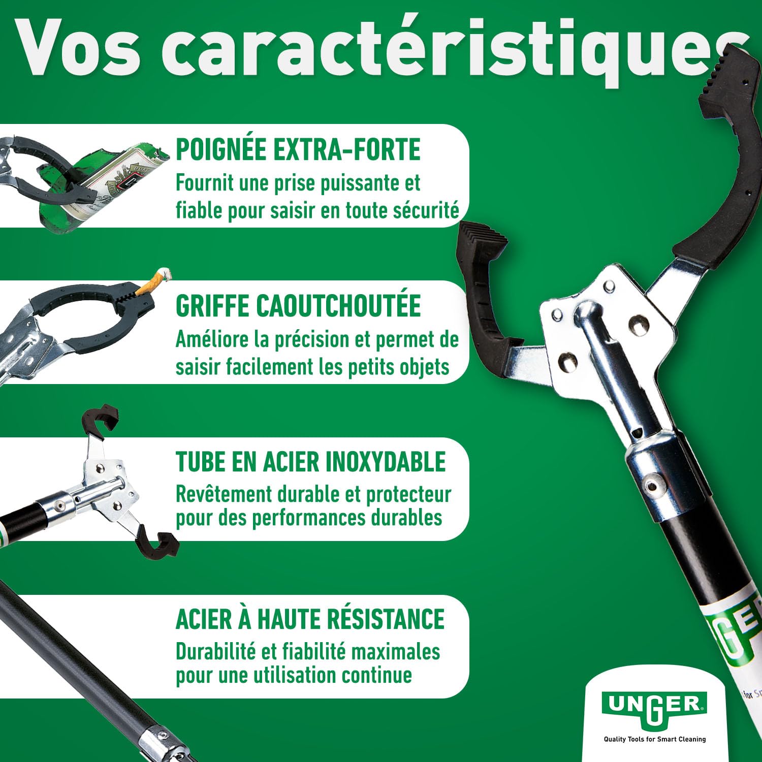 UNGER NiftyNabber Pro NN400 Pince à déchets multifonction avec poignée en caoutchouc 40 cm