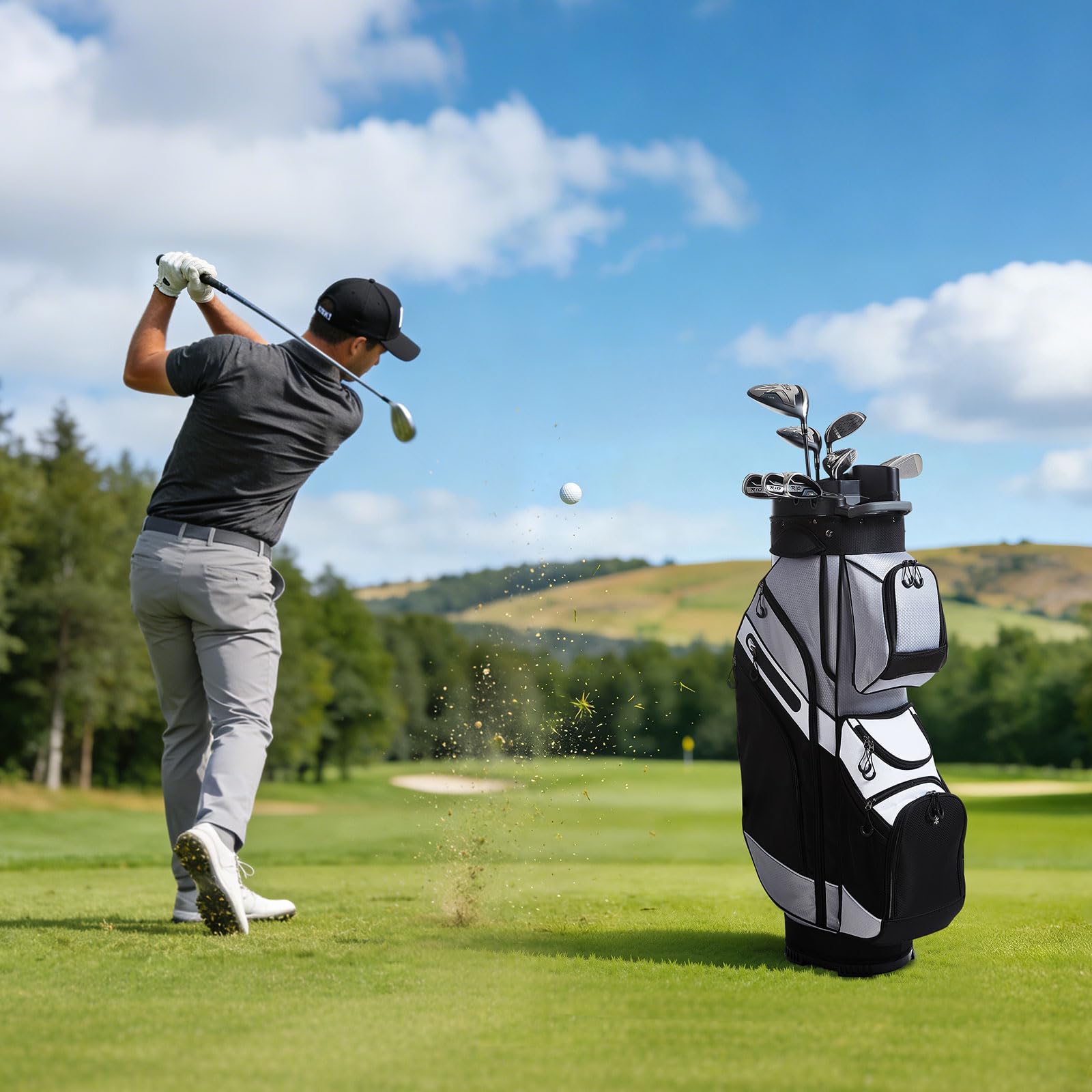 VEVOR Golftasche mit 14-fache Durchgehenden Schlägerfächern Tragegriffen Stautaschen Schultergurt Regenschutzhaube Leichtgängigen Reißverschlüssen Golfbag aus Strapazierfähigem 500D Polyester