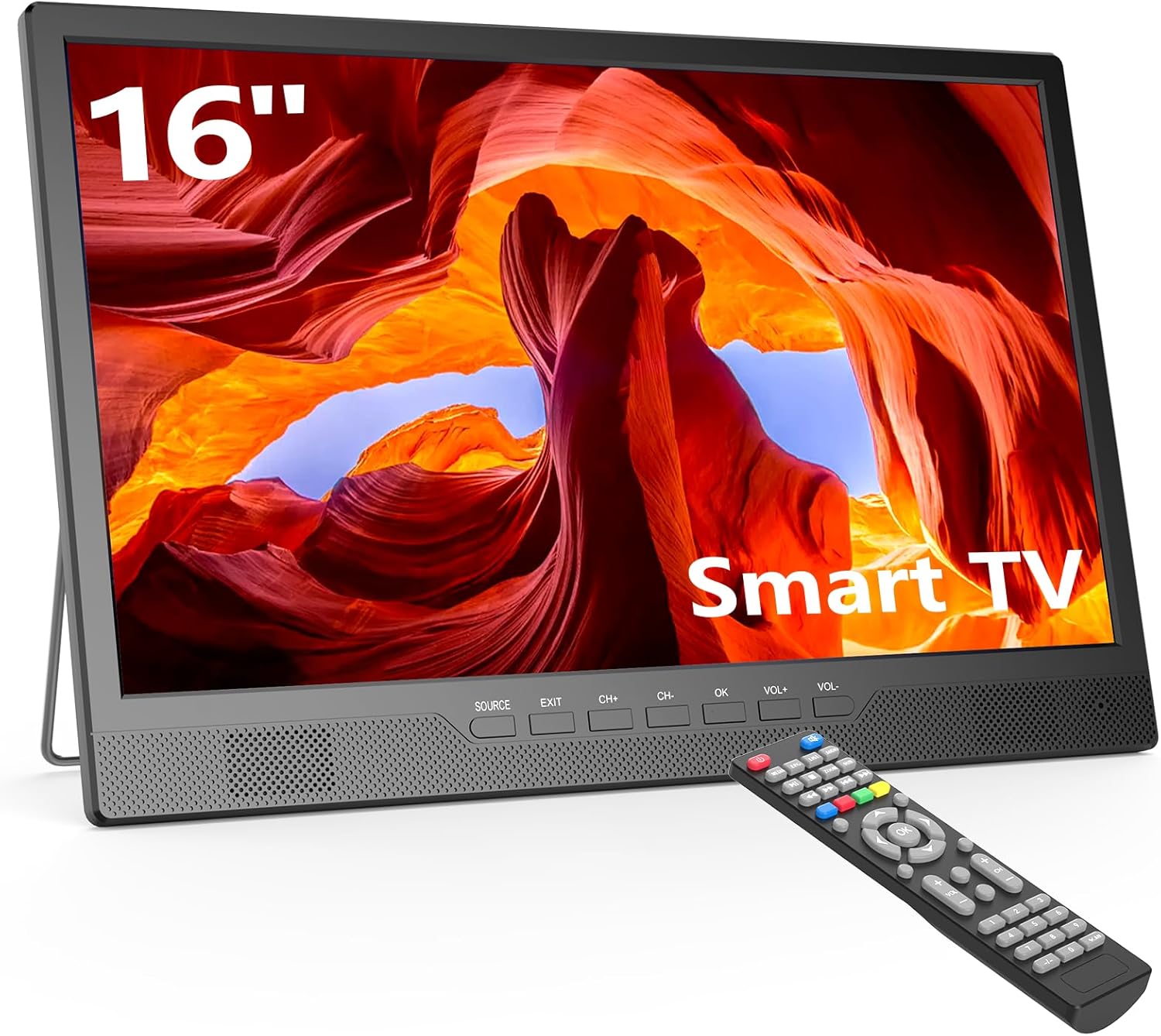 Desobry 16 Inch Small Smart TV - LCD Small Kitchen TV with WiFi, Bulit-in 180°Adjustable Stand/ATSC Tuner/HDMI/AV/USB for Camping, Bedroom, RV, Patio, Indoor & Outdoor Use