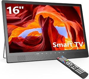Desobry 16 Inch Small Smart TV - LCD Small Kitchen TV with WiFi, Bulit-in 180°Adjustable Stand/ATSC Tuner/HDMI/AV/USB for Camping, Bedroom, RV, Patio, Indoor & Outdoor Use