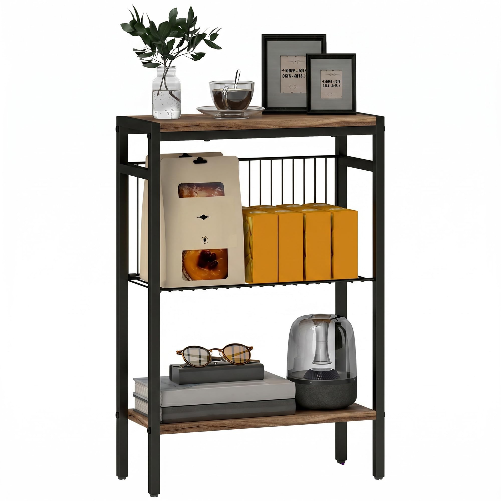 HOMCOM Tavolino stretto a 3 livelli, tavolino industriale con ripiani aperti e struttura in acciaio per soggiorno, camera da letto, 43 x 18 x 62,5 cm, grigio