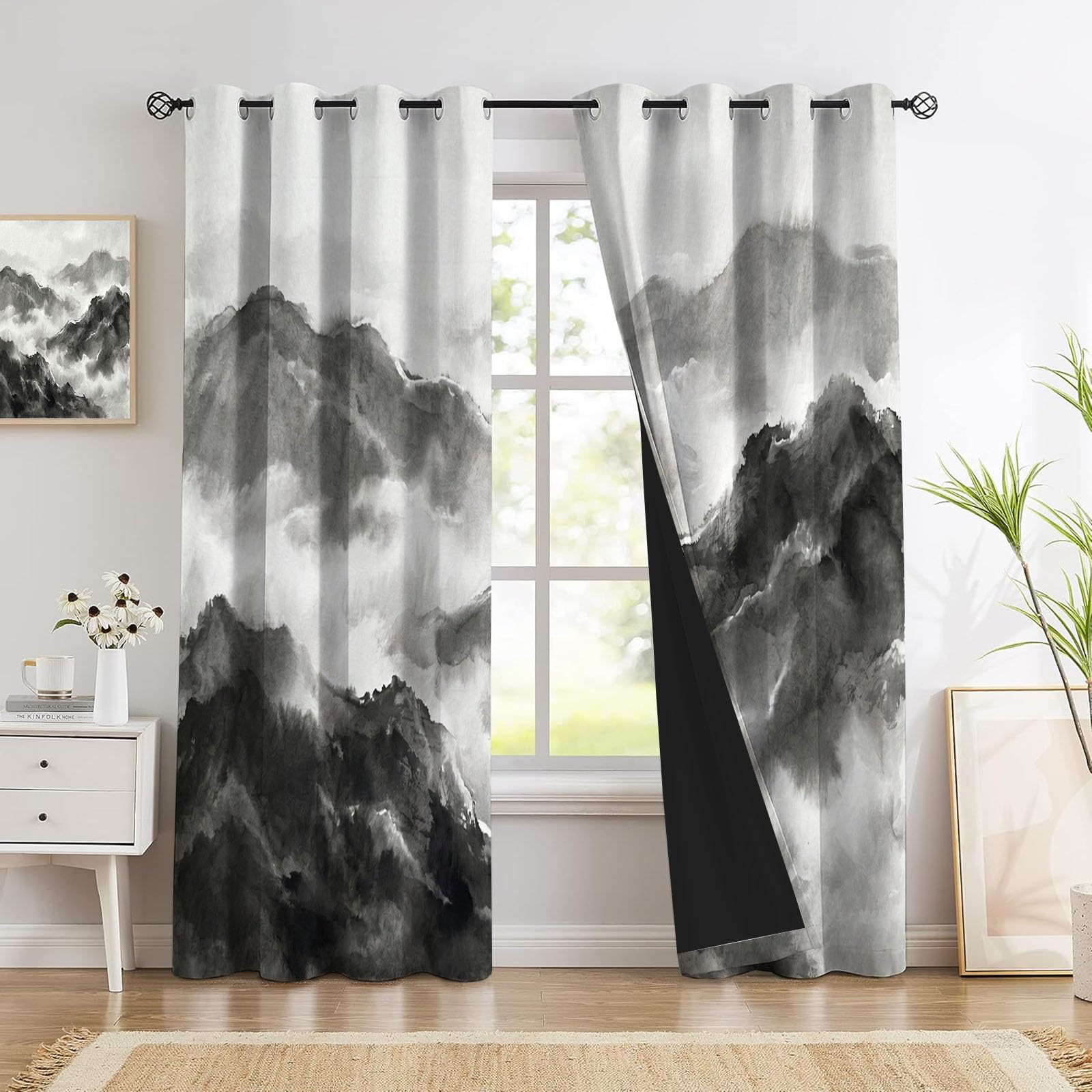 Rideaux occultants montagnes et nuages 140x225 cm noir charbon pour salon