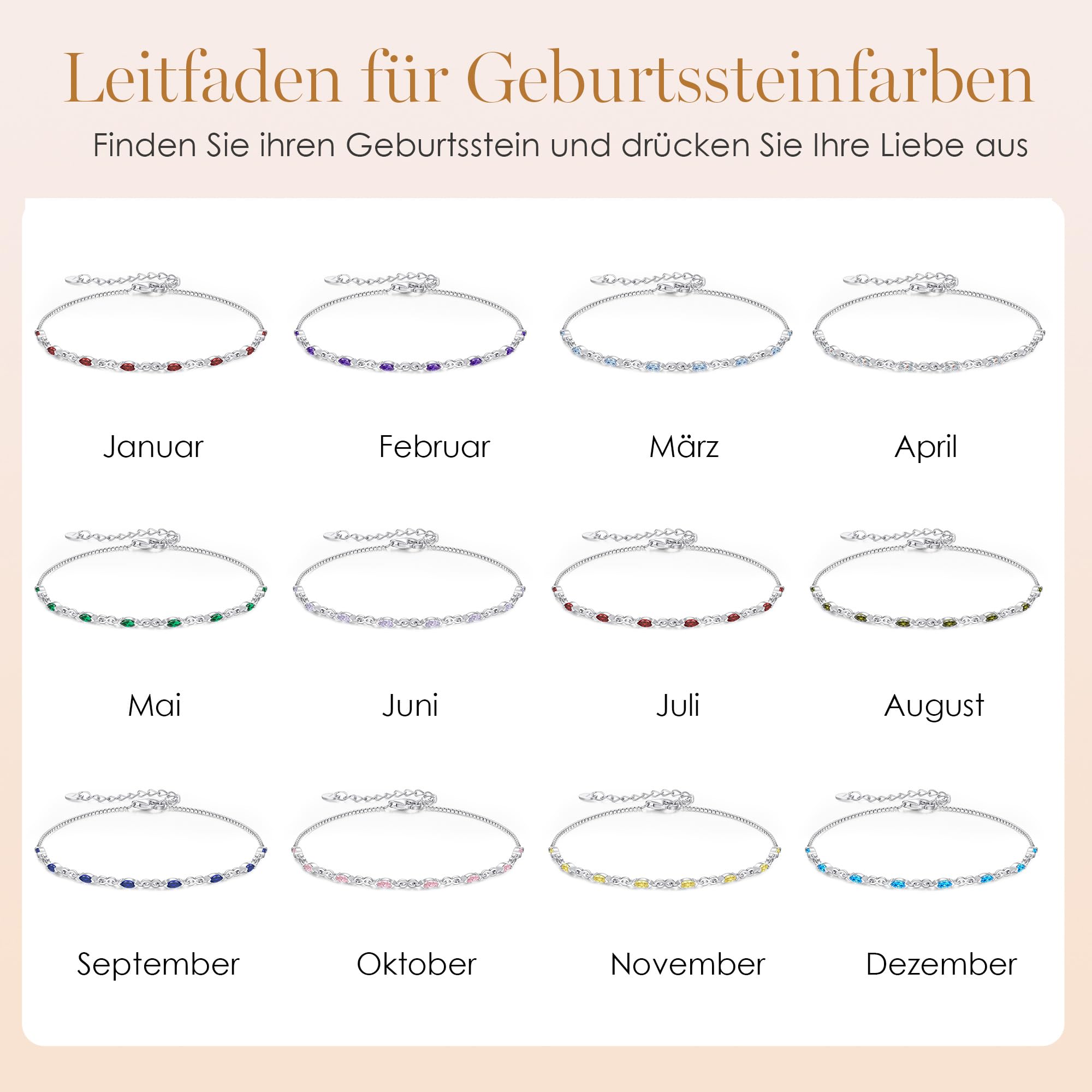 CDE Infinity Armband Silber 925 Damen mit Zirkonia Geburtsstein | Armbänder Verstellbares Armkette Damen Schmuck Muttertag Valentinstag Geburtstag Weihnachten Geschenke