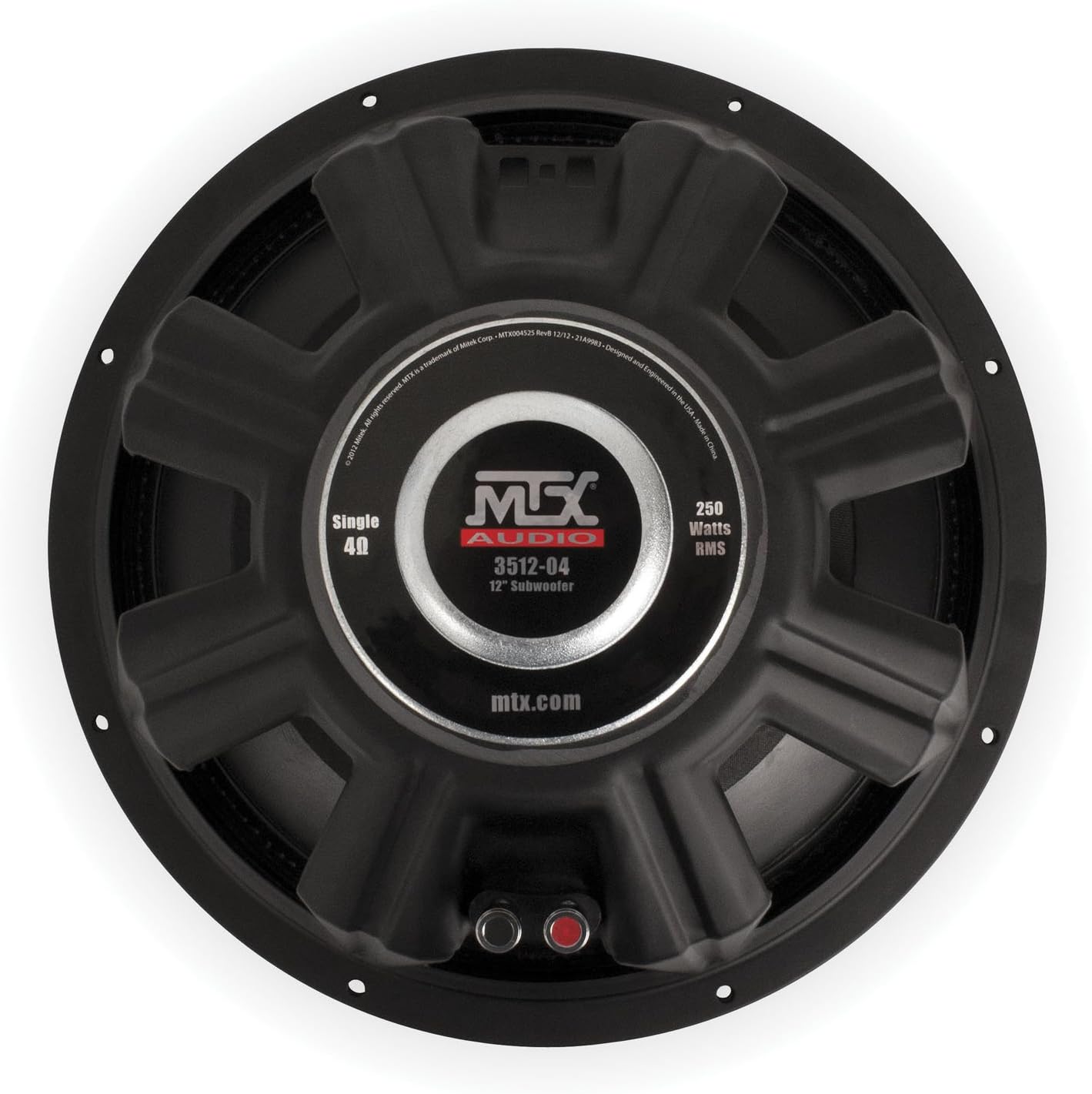 Lura view of MTX 3512-04 subwoofer showing terminals