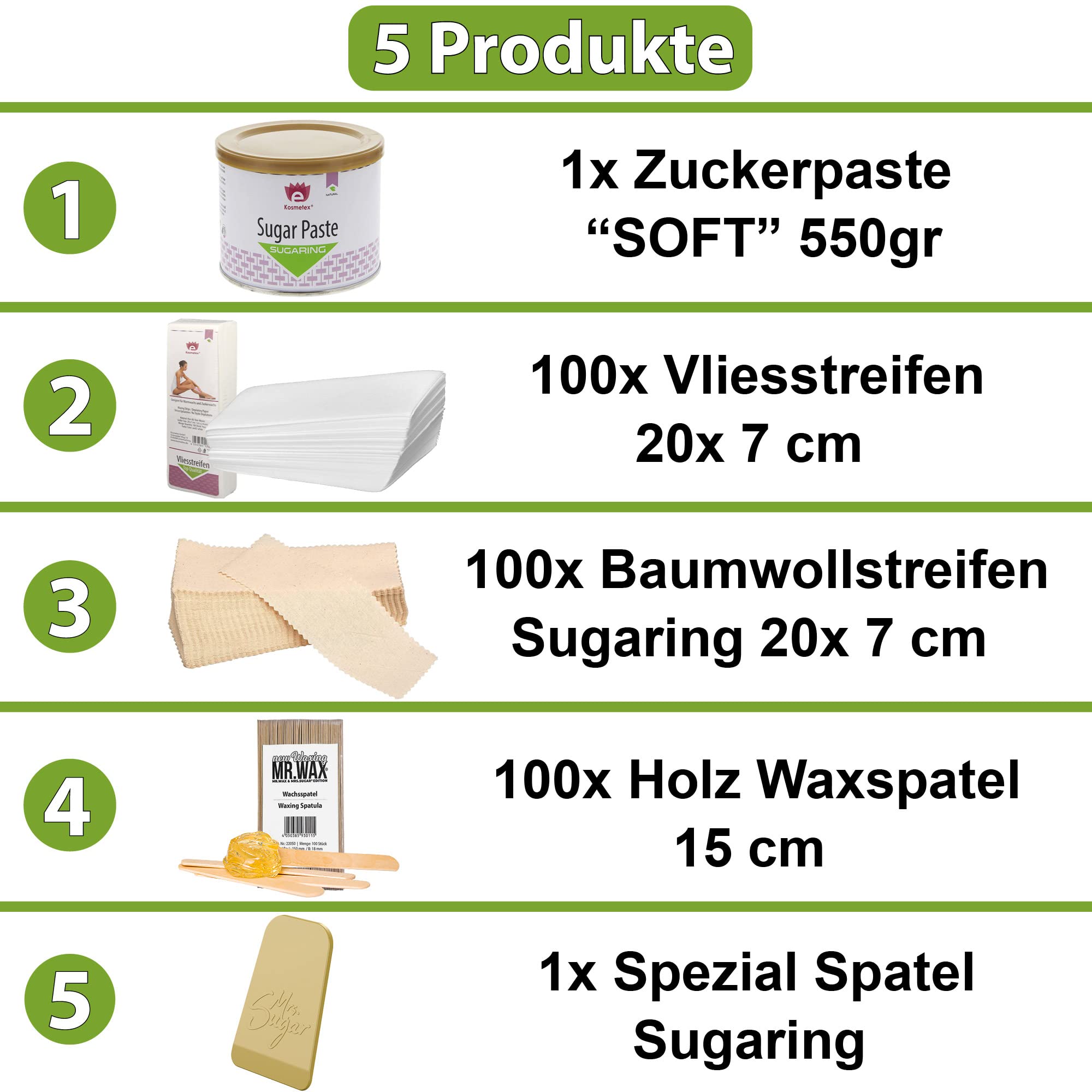 Zuckerpaste Set M - Soft mit Vliesstreifen und Spatel, 5 Produkte