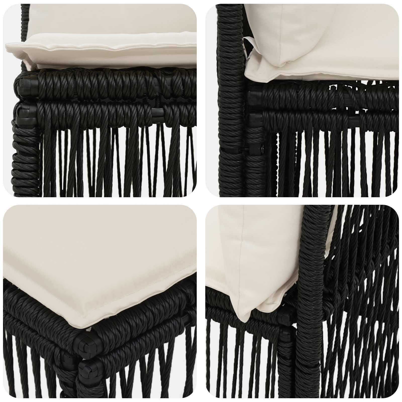 Set di 9 divani da giardino in polyrattan, colore nero | Salotto angolare modulare per giardino e terrazza con robusto telaio in acciaio e comodi cuscini per un massimo di 9 persone.