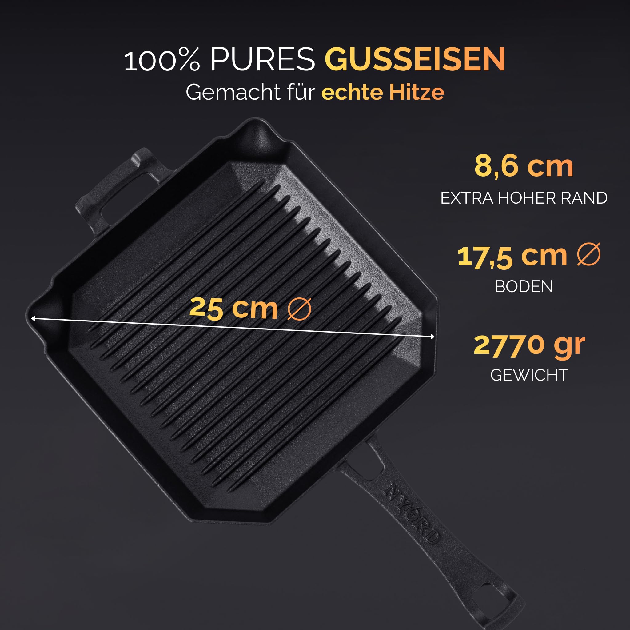 NYORD Gusseisenpfanne mit Grillrillen [TESTSIEGER] | Cast Iron BBQ Grillpfanne | Steakpfanne aus Gusseisen mit Ausgießer | Für Induktion, Ceran, Gas & Outdoor Grill | Ofenfest
