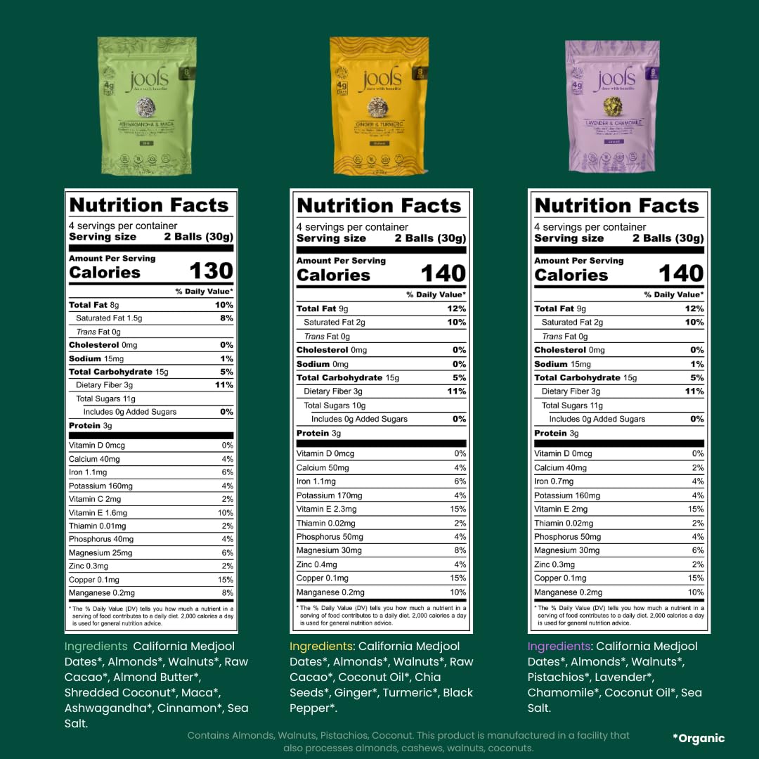 Jools High Fiber Date Bites Variety Pack | No Added Sugar, Plant-Based Superfood Snack with Ashwagandha & Maca, Ginger & Turmeric, Chamomile & Lavender - Vegan, Gluten Free - 3 Pack
