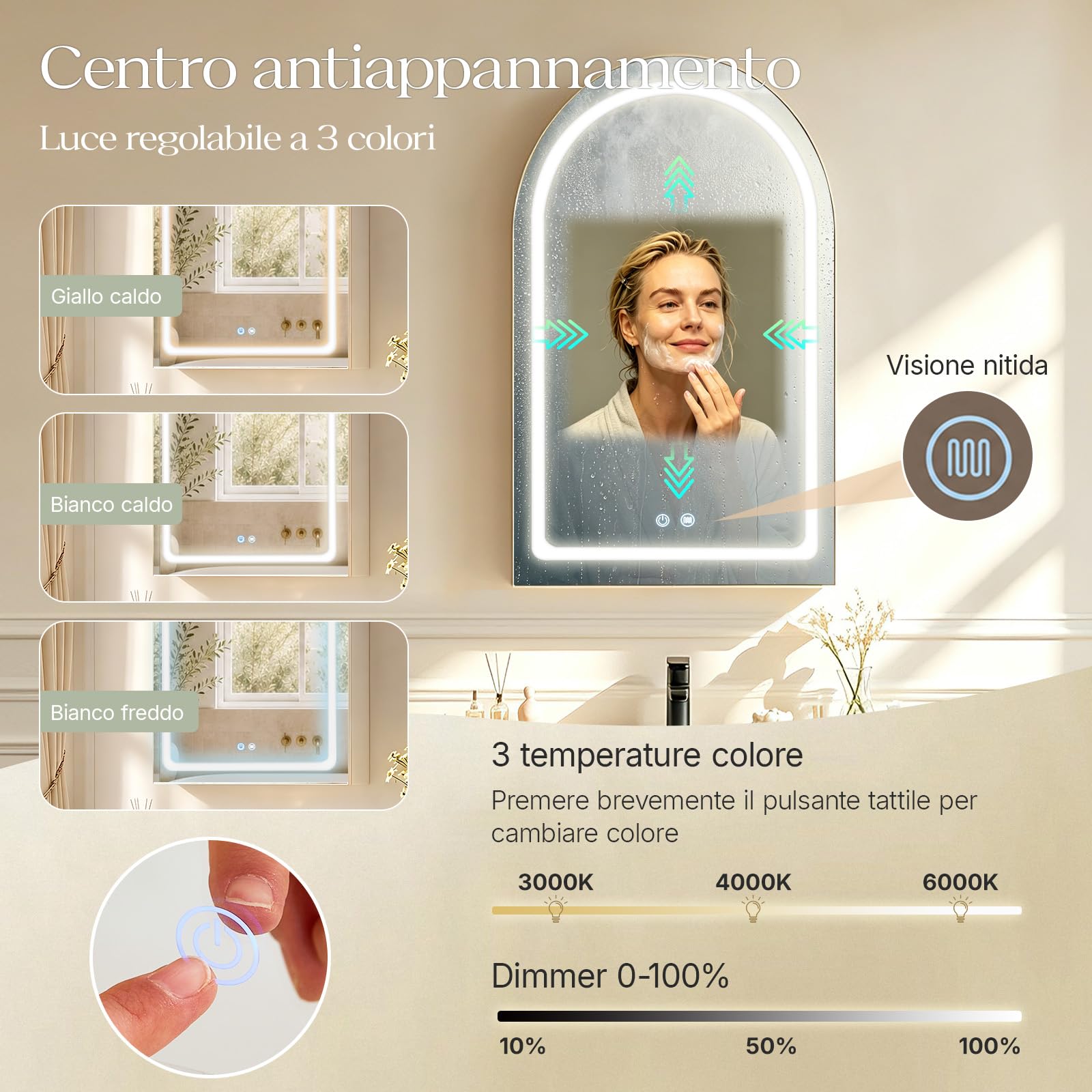 LEMROE Specchio Bagno Contenitore,Specchio curvo, con presa, luce a LED