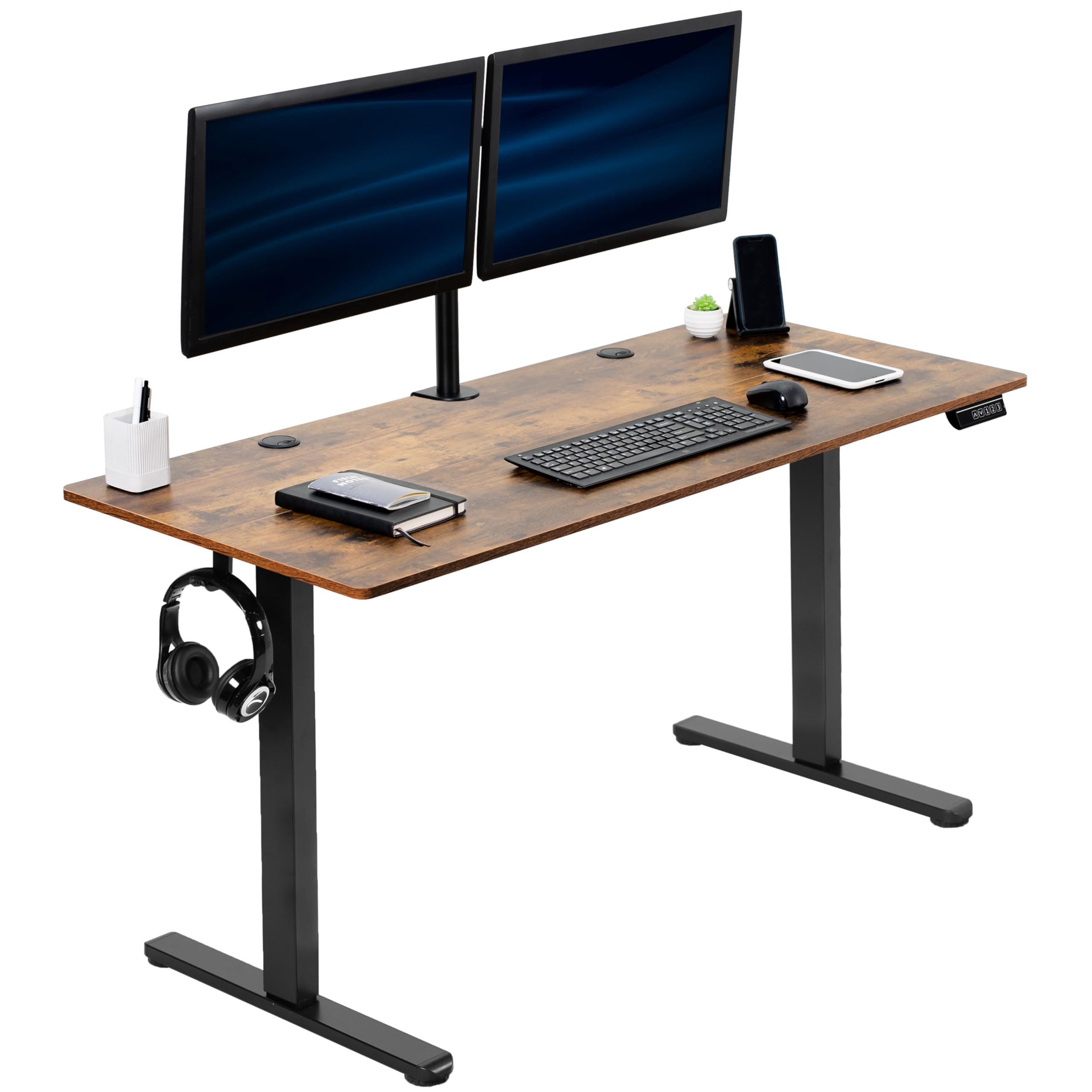 VIVO Electric 55 x 24 inch Stand Up Desk, Height Adjustable Standing Home & Office Workstation with Memory Controller, Rustic Vintage Brown Top, Black Frame, DESK-E155TN