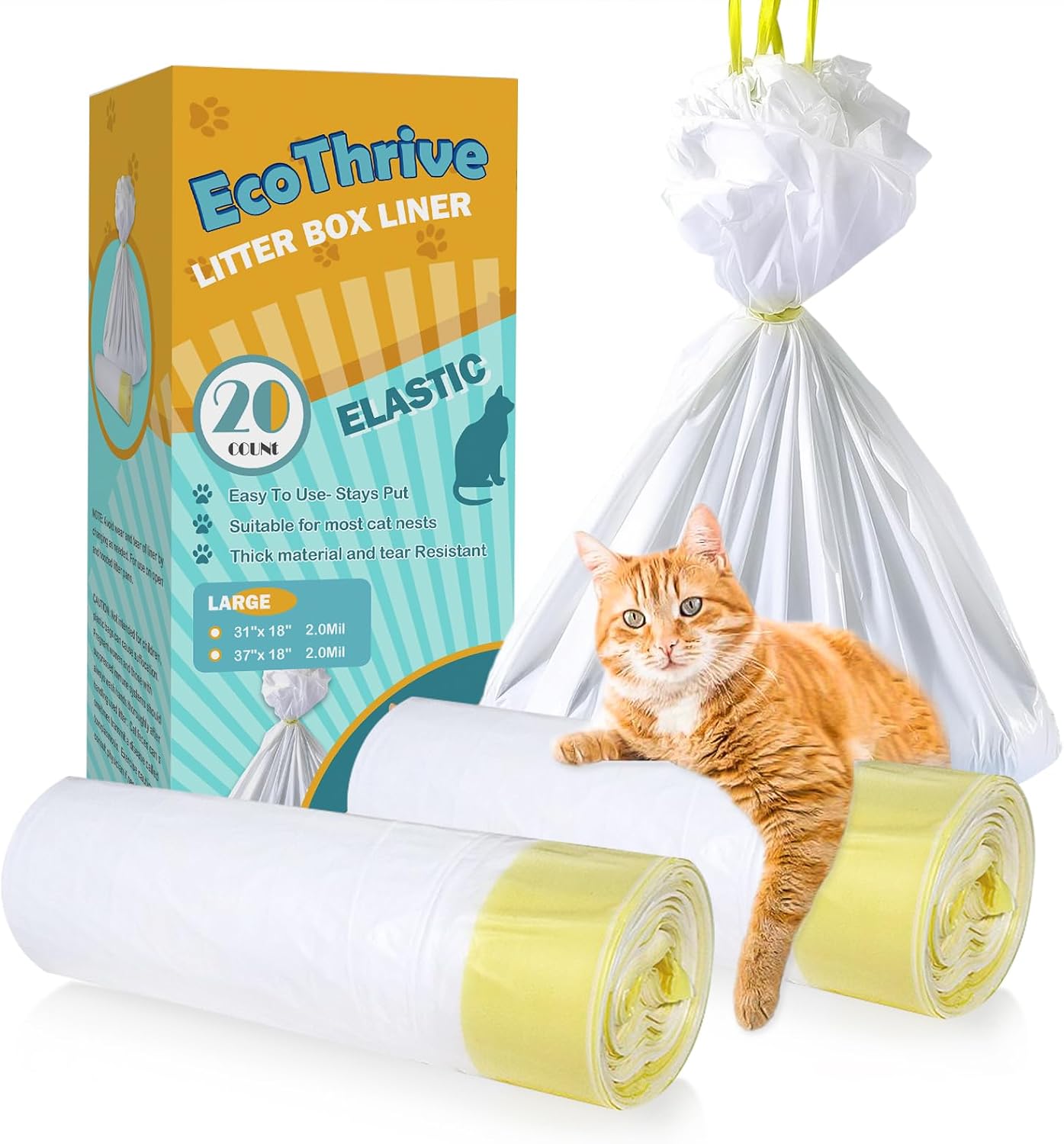 20 Count Cat Litter Liners Large, Drawstring Extra Large Pet Cat Pan Liners Extra-Thick Kitty Litter Box Bag- (large 37" x 18")