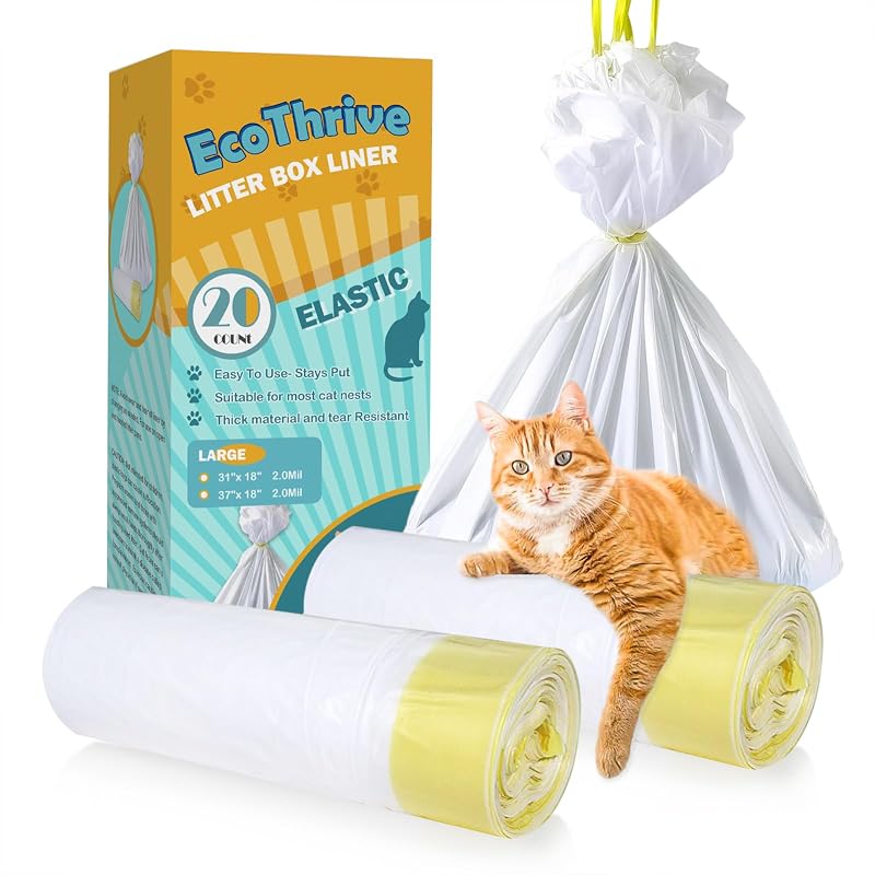 Forro para Caixa de Areia de Gatos EcoThrive com Cordão, Plástico Resistente, 20 L, Pacote com 20 — Grande (93,98 x 45,72 cm)