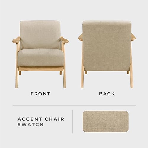 Miniatura 4 de Lexicon Silla decorativa moderna de mediados de siglo con marco de madera maciza en acabado natural, tela texturizada, sillón de sala de estar,