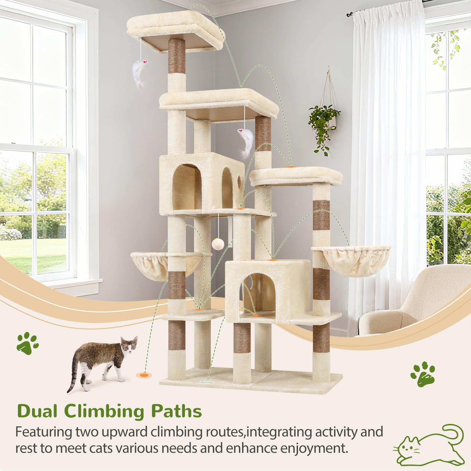 Globlazer Arbre a Chat XXL Beige pour Gros Chat 189 cm avec 2 Grande Niches 45 * 30CM, 3 Plateforme Rembourrée, 2 Panier, Peluche Jouets, Arbres à Chats XXL pour Grande Chats Intérieur (F74F, Beige)