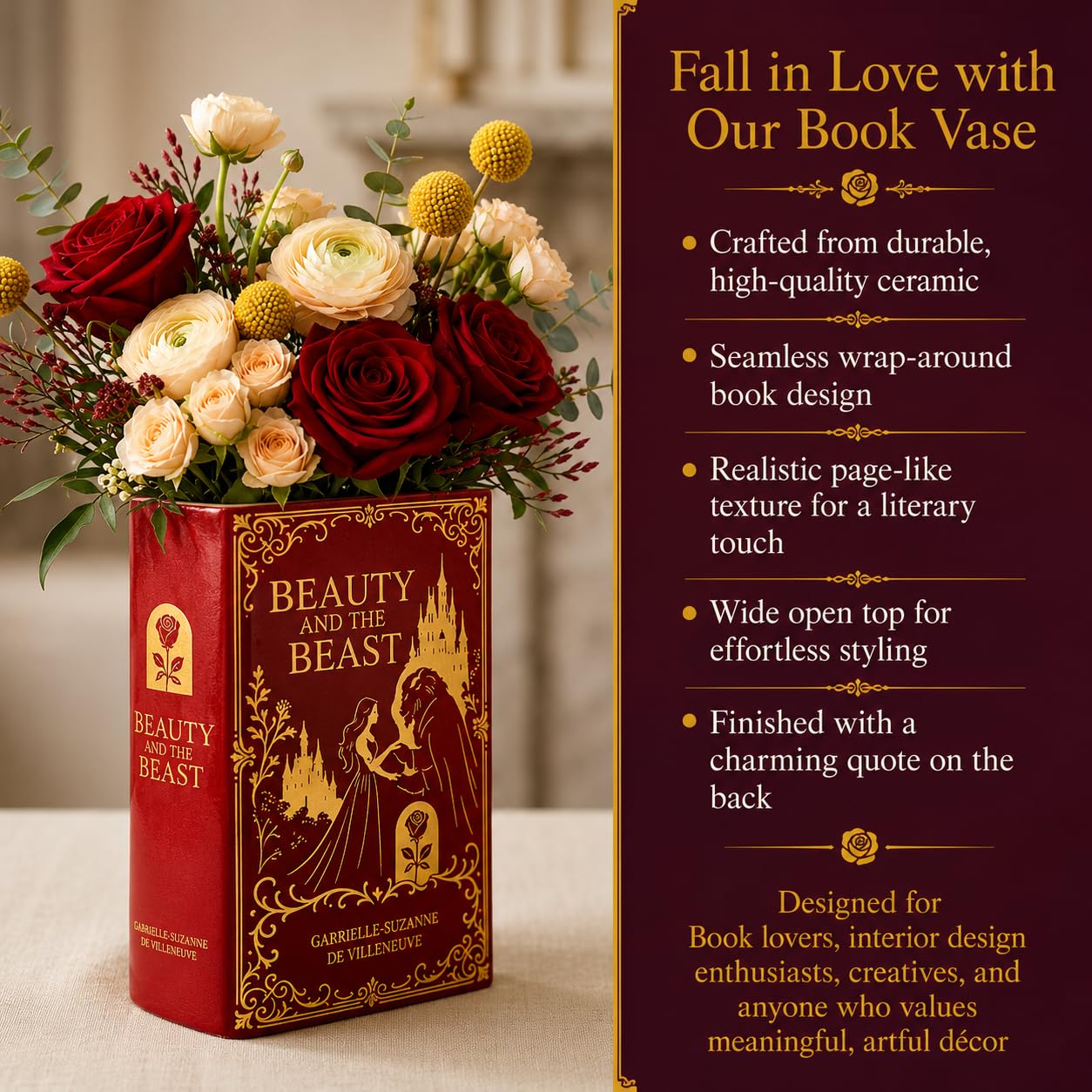 Vase en céramique inspiré de la Belle et la Bête en Forme de Livre – Vase Floral décoratif pour la Maison et la bibliothèque, Unique