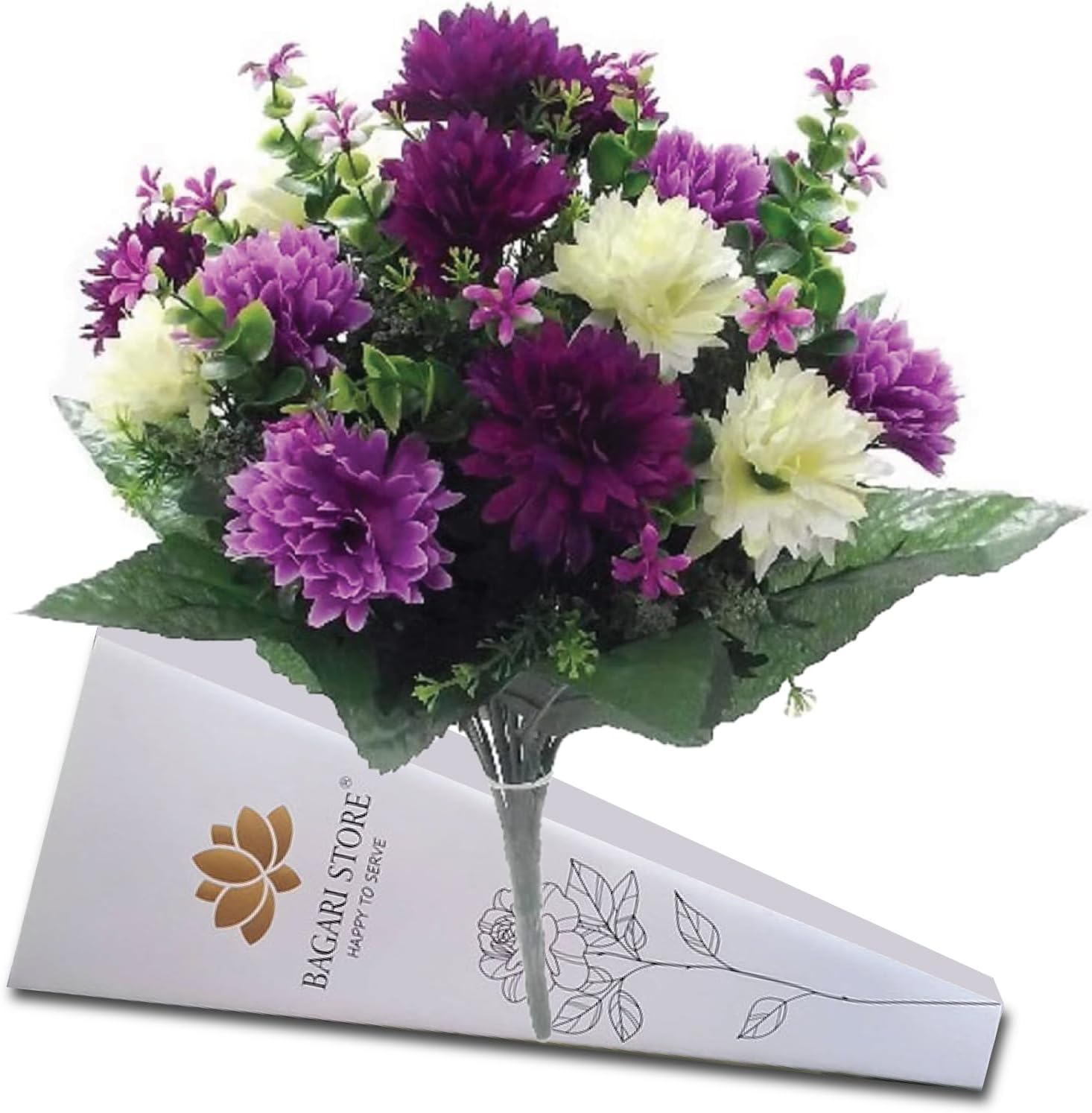 Bagari 41cm Artificial Flowers for Graves- Fake Plastic Bunch of 16 Heads- Large Mixed Bush Ivory-Liclac-Purple Delivery Next day Prime- Fresh Bouquet for Outdoor & Indoor Events Wedding Party Decor