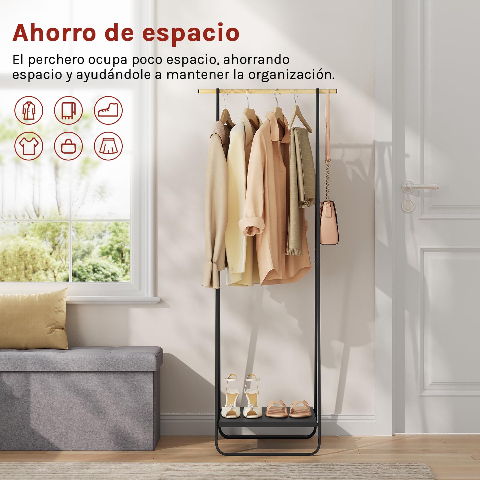 WOLTU Perchero con Estantes metálicos para Colgador Ropa Zapatos para Vestidor Pasillo Dormitorio, Negro, 54 x 45 x 141cm