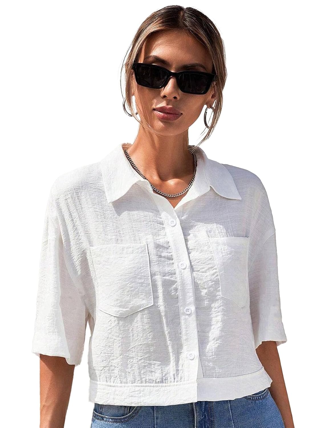 TOPLOT V-Collar Solid Crop Shirt for Women with Half Sleeves